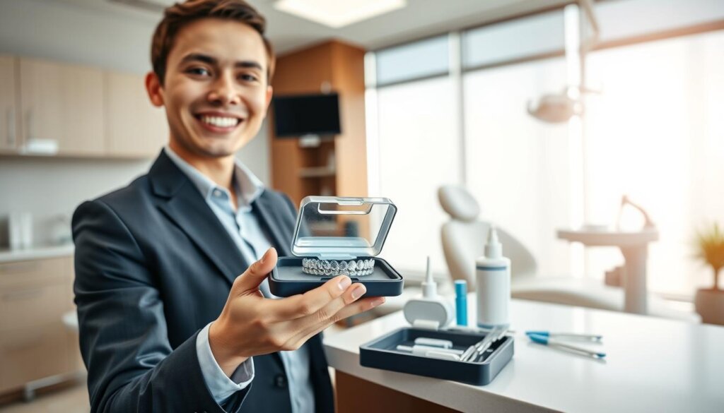 A clean, modern dental office environment focused on Invisalign aftercare. In the foreground, a smiling young adult wearing professional business attire holds an Invisalign aligner case, showcasing the aligners inside. The middle ground features a dental care kit, including toothbrush, floss, and cleaning solution, neatly arranged on a polished countertop. The background shows a dental chair and a large window letting in soft, natural light, creating a warm and inviting atmosphere. The entire scene emphasizes a sense of care and maintenance, essential for effective bite correction. The composition is slightly angled to provide depth, with bright lighting highlighting the dental tools and aligners, conveying a mood of assurance and professionalism. A clean, modern dental office environment focused on Invisalign aftercare. In the foreground, a smiling young adult wearing professional business attire holds an Invisalign aligner case, showcasing the aligners inside. The middle ground features a dental care kit, including toothbrush, floss, and cleaning solution, neatly arranged on a polished countertop. The background shows a dental chair and a large window letting in soft, natural light, creating a warm and inviting atmosphere. The entire scene emphasizes a sense of care and maintenance, essential for effective bite correction. The composition is slightly angled to provide depth, with bright lighting highlighting the dental tools and aligners, conveying a mood of assurance and professionalism.