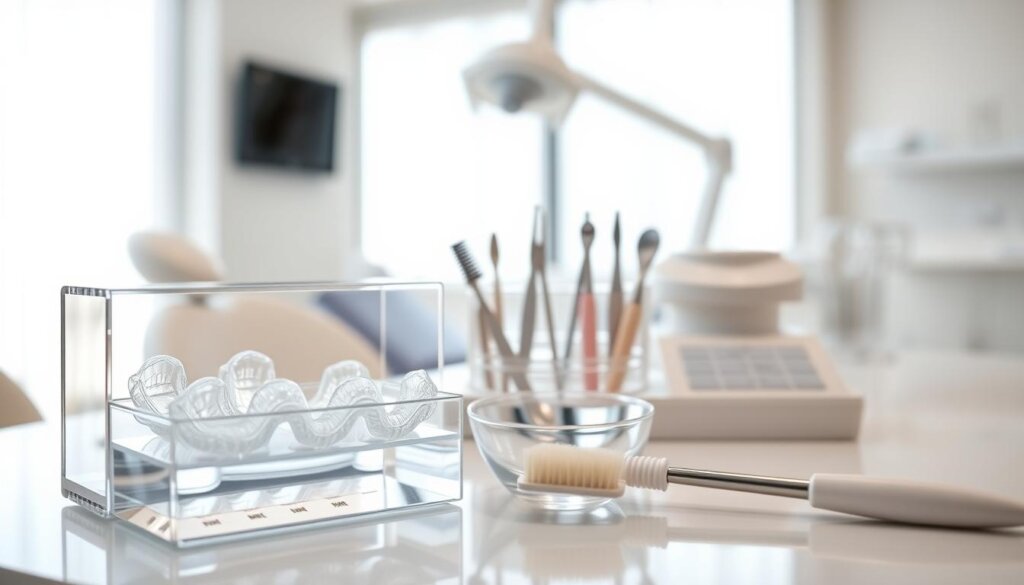 A clean, organized dental workspace showcasing proper aligner storage and cleaning methods. In the foreground, a clear glass case holds several sets of transparent aligners, neatly arranged and labeled. Beside it, a small bowl filled with aligner cleaning solution, and a soft brush ready for use. In the middle, a detailed dental implement setup featuring tools for aligner maintenance. The background portrays a bright, welcoming dental clinic environment with soft, natural light filtering through large windows. The atmosphere is calm and professional, emphasizing hygiene and meticulous care. Focus on a shallow depth of field to highlight the aligners while keeping the dental tools slightly blurred, creating an informative yet inviting visual. A clean, organized dental workspace showcasing proper aligner storage and cleaning methods. In the foreground, a clear glass case holds several sets of transparent aligners, neatly arranged and labeled. Beside it, a small bowl filled with aligner cleaning solution, and a soft brush ready for use. In the middle, a detailed dental implement setup featuring tools for aligner maintenance. The background portrays a bright, welcoming dental clinic environment with soft, natural light filtering through large windows. The atmosphere is calm and professional, emphasizing hygiene and meticulous care. Focus on a shallow depth of field to highlight the aligners while keeping the dental tools slightly blurred, creating an informative yet inviting visual.