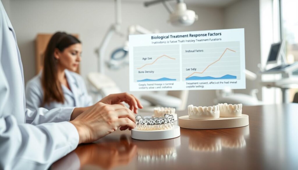 A clear and detailed illustration of biological treatment response factors in orthodontics. In the foreground, a professional orthodontist in a white lab coat examines dental models and Invisalign trays on a polished wooden desk. The middle ground features a digital display showing graphs of individual factors such as age, bone density, and treatment compliance affecting Invisalign treatment duration. In the background, a softly focused, modern orthodontic clinic with bright natural lighting and advanced dental equipment. The scene conveys a clinical yet approachable atmosphere, emphasizing the complexity of orthodontic treatments. Use a professional lens with a balanced depth of field, ensuring clarity on the orthodontist and the dental models, with soft shadows to create a warm feel. A clear and detailed illustration of biological treatment response factors in orthodontics. In the foreground, a professional orthodontist in a white lab coat examines dental models and Invisalign trays on a polished wooden desk. The middle ground features a digital display showing graphs of individual factors such as age, bone density, and treatment compliance affecting Invisalign treatment duration. In the background, a softly focused, modern orthodontic clinic with bright natural lighting and advanced dental equipment. The scene conveys a clinical yet approachable atmosphere, emphasizing the complexity of orthodontic treatments. Use a professional lens with a balanced depth of field, ensuring clarity on the orthodontist and the dental models, with soft shadows to create a warm feel.