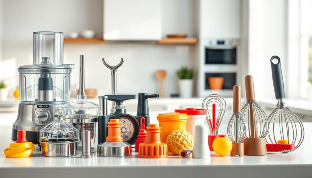 A close-up arrangement of various kitchen gadget attachments designed for home appliances, showcasing a food processor, blender, and mixer attachments. Include spiralizers, grating discs, dough hooks, and whisk tools, meticulously organized on a clean, modern kitchen countertop. The foreground features shiny stainless steel and colorful plastic attachments, highlighting their textures. In the middle, a sleek white kitchen with soft natural light streaming in through a window, creating a warm and inviting atmosphere. A blurred background with hints of light kitchen decor adds depth without distraction. The scene is photorealistic, emphasizing the versatility and functionality of these attachments, perfect for an article on home cooking enhancements. A close-up arrangement of various kitchen gadget attachments designed for home appliances, showcasing a food processor, blender, and mixer attachments. Include spiralizers, grating discs, dough hooks, and whisk tools, meticulously organized on a clean, modern kitchen countertop. The foreground features shiny stainless steel and colorful plastic attachments, highlighting their textures. In the middle, a sleek white kitchen with soft natural light streaming in through a window, creating a warm and inviting atmosphere. A blurred background with hints of light kitchen decor adds depth without distraction. The scene is photorealistic, emphasizing the versatility and functionality of these attachments, perfect for an article on home cooking enhancements.
