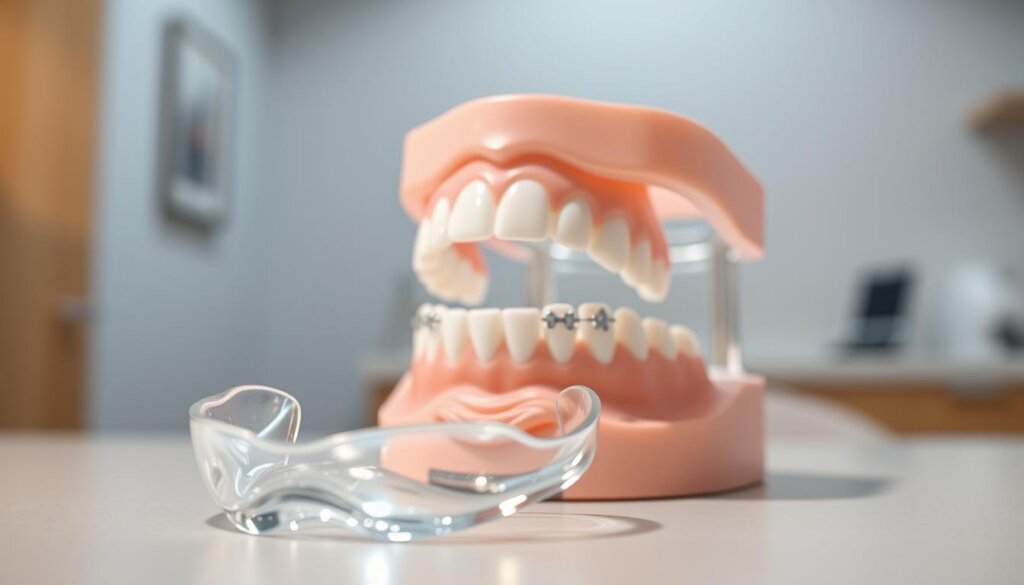 A close-up image focusing on a clear set of Invisalign aligners placed next to a model of a human jaw showcasing an open bite. The foreground features the aligners shimmering under bright, soft lighting, emphasizing their transparent design. In the middle, the detailed dental model highlights the misalignment, with the upper and lower teeth not meeting properly. The background displays a neutral-tone dental clinic setting, with soft shadows and a clean, professional atmosphere. The image conveys a sense of advanced dental technology and patient care, aiming for a mood of reassurance and professionalism. Use a slight angle to capture depth and dimension in the dental model, ensuring all details are crisp and engaging. A close-up image focusing on a clear set of Invisalign aligners placed next to a model of a human jaw showcasing an open bite. The foreground features the aligners shimmering under bright, soft lighting, emphasizing their transparent design. In the middle, the detailed dental model highlights the misalignment, with the upper and lower teeth not meeting properly. The background displays a neutral-tone dental clinic setting, with soft shadows and a clean, professional atmosphere. The image conveys a sense of advanced dental technology and patient care, aiming for a mood of reassurance and professionalism. Use a slight angle to capture depth and dimension in the dental model, ensuring all details are crisp and engaging.