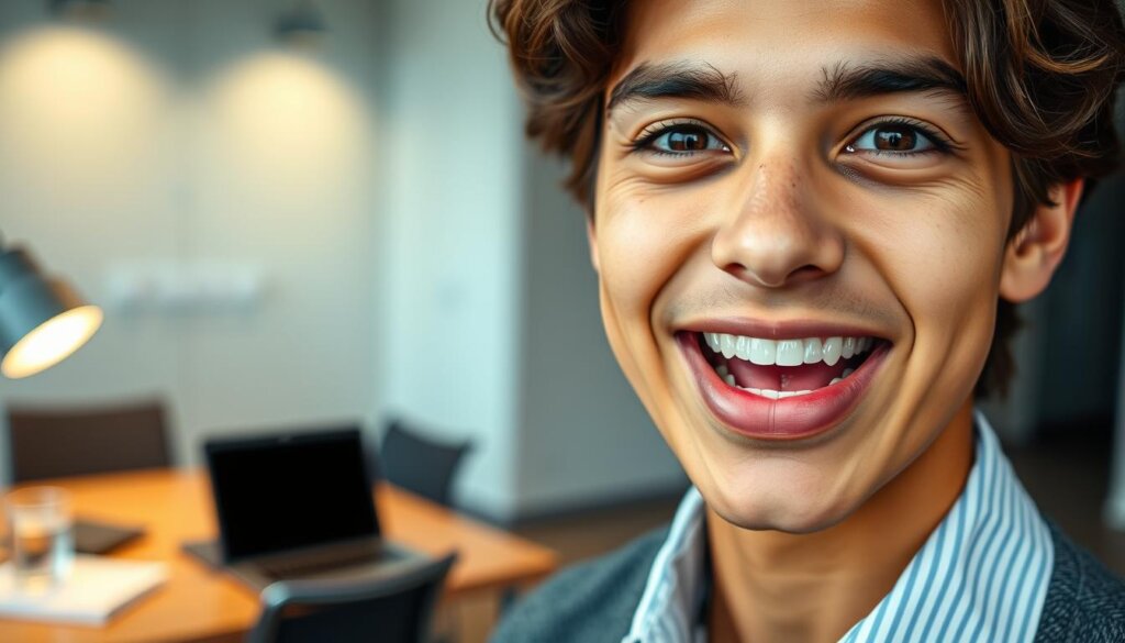 A close-up of a young adult with a focused expression, standing in an office environment, wearing smart casual attire. Their mouth is slightly open, revealing clear Invisalign aligners on their teeth, showcasing the adjustment period's impact on speech. The background features a modern workspace with soft, diffused lighting to create a warm, inviting atmosphere. A desk with a laptop, some documents, and a glass of water is visible, emphasizing a sense of professionalism and contemplation. The lens captures the subject at eye level, highlighting the tension of adapting to the aligners. The mood conveys curiosity and determination, balancing between the challenges of wearing aligners and the individual’s commitment to improved oral aesthetics. A close-up of a young adult with a focused expression, standing in an office environment, wearing smart casual attire. Their mouth is slightly open, revealing clear Invisalign aligners on their teeth, showcasing the adjustment period's impact on speech. The background features a modern workspace with soft, diffused lighting to create a warm, inviting atmosphere. A desk with a laptop, some documents, and a glass of water is visible, emphasizing a sense of professionalism and contemplation. The lens captures the subject at eye level, highlighting the tension of adapting to the aligners. The mood conveys curiosity and determination, balancing between the challenges of wearing aligners and the individual’s commitment to improved oral aesthetics.