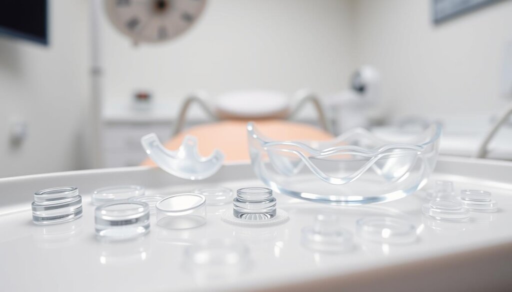 A close-up of orthodontic buttons used in Invisalign treatment, displayed prominently on a dental tray. In the foreground, showcase various shapes and sizes of the buttons, focusing on their glossy, transparent materials that reflect light. The middle ground should feature a set of Invisalign aligners nearby, emphasizing their connection to the buttons. The background can be a softly blurred dental office setting with light-colored walls and subtle dental instruments, enhancing the clinical atmosphere. Use bright, natural lighting to illuminate the scene, creating a clean and professional ambiance. The angle should be slightly above the tray, giving a clear view of the buttons and aligners, while maintaining a sterile and educational tone. A close-up of orthodontic buttons used in Invisalign treatment, displayed prominently on a dental tray. In the foreground, showcase various shapes and sizes of the buttons, focusing on their glossy, transparent materials that reflect light. The middle ground should feature a set of Invisalign aligners nearby, emphasizing their connection to the buttons. The background can be a softly blurred dental office setting with light-colored walls and subtle dental instruments, enhancing the clinical atmosphere. Use bright, natural lighting to illuminate the scene, creating a clean and professional ambiance. The angle should be slightly above the tray, giving a clear view of the buttons and aligners, while maintaining a sterile and educational tone.