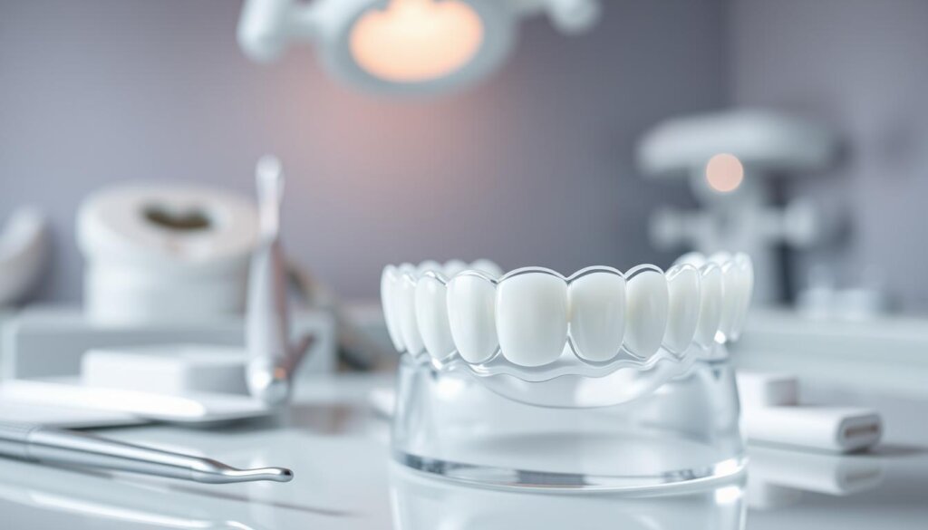 A close-up representation of clear aligners specifically designed for patients with veneers, positioned prominently in the foreground. The aligners should be transparent and fitted around a stylized dental cast of a mouth with bright, pearly white veneers, highlighting the contrast of the clear material against the vibrant smile. In the middle ground, soft dental tools and a gentle lighting setup create a clinical atmosphere, suggesting a dental office environment. The background features a blurred dental clinic wall with soft colors to evoke a calming, professional mood. The image should be well-lit, with a focus on clarity and detail, capturing the technology of orthodontics in a modern aesthetic without any text or distractions. A close-up representation of clear aligners specifically designed for patients with veneers, positioned prominently in the foreground. The aligners should be transparent and fitted around a stylized dental cast of a mouth with bright, pearly white veneers, highlighting the contrast of the clear material against the vibrant smile. In the middle ground, soft dental tools and a gentle lighting setup create a clinical atmosphere, suggesting a dental office environment. The background features a blurred dental clinic wall with soft colors to evoke a calming, professional mood. The image should be well-lit, with a focus on clarity and detail, capturing the technology of orthodontics in a modern aesthetic without any text or distractions.