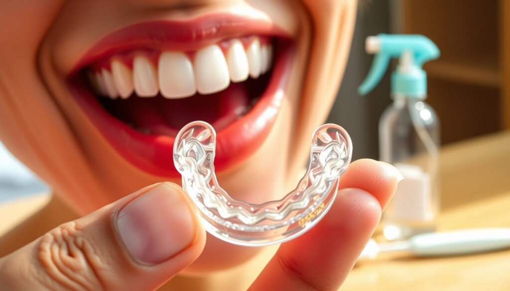 A close-up scene illustrating a person's mouth showing clear aligners being removed, with a focus on shiny, well-maintained teeth. In the foreground, a hand gently holds a clear retainer, demonstrating its importance in preventing teeth shifting post-Invisalign treatment. The middle ground features a dental care kit with a toothbrush, floss, and a cleaning spray, all designed to emphasize good dental hygiene practices. In the background, soft light from a window casts a warm glow, creating a calm and reassuring atmosphere. The overall mood should convey diligence and care in maintaining a beautiful smile. Use a shallow depth of field to draw attention to the retainer and teeth. The image should be vibrant and professionally lit, conveying a sense of health and well-being. A close-up scene illustrating a person's mouth showing clear aligners being removed, with a focus on shiny, well-maintained teeth. In the foreground, a hand gently holds a clear retainer, demonstrating its importance in preventing teeth shifting post-Invisalign treatment. The middle ground features a dental care kit with a toothbrush, floss, and a cleaning spray, all designed to emphasize good dental hygiene practices. In the background, soft light from a window casts a warm glow, creating a calm and reassuring atmosphere. The overall mood should convey diligence and care in maintaining a beautiful smile. Use a shallow depth of field to draw attention to the retainer and teeth. The image should be vibrant and professionally lit, conveying a sense of health and well-being.