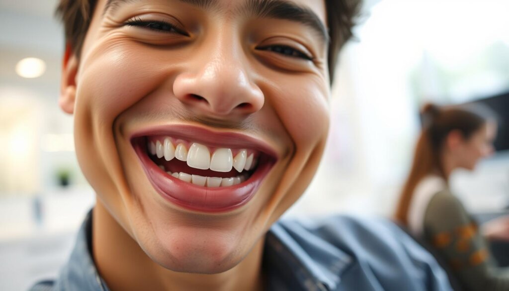 A close-up shot of a patient smiling, showcasing clear aligners in the early phase of Invisalign treatment. The patient, dressed in smart casual attire, has a look of satisfaction and excitement, revealing subtle shifts in teeth alignment. In the foreground, focus on the teeth and aligners, capturing the clarity and design details of the Invisalign trays. In the middle ground, add a toothbrush and a small mirror to symbolize daily care routines during treatment. The background should be a softly blurred dental clinic with bright, welcoming lighting to evoke a sense of professionalism and progress. The mood is optimistic, highlighting the hope and transformation associated with orthodontic treatment. Use a shallow depth of field to emphasize the patient's smile. A close-up shot of a patient smiling, showcasing clear aligners in the early phase of Invisalign treatment. The patient, dressed in smart casual attire, has a look of satisfaction and excitement, revealing subtle shifts in teeth alignment. In the foreground, focus on the teeth and aligners, capturing the clarity and design details of the Invisalign trays. In the middle ground, add a toothbrush and a small mirror to symbolize daily care routines during treatment. The background should be a softly blurred dental clinic with bright, welcoming lighting to evoke a sense of professionalism and progress. The mood is optimistic, highlighting the hope and transformation associated with orthodontic treatment. Use a shallow depth of field to emphasize the patient's smile.