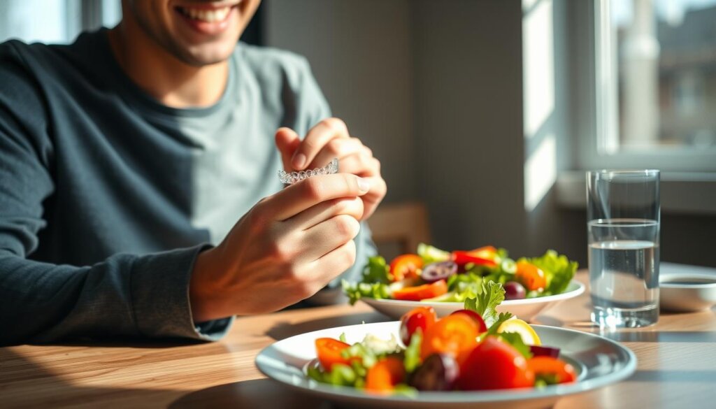 A close-up shot of a young adult at a dining table, carefully removing their clear Invisalign aligners before enjoying a colorful salad. The individual is dressed in casual, yet neat clothing, demonstrating an everyday scenario. Soft, natural sunlight streams in from a nearby window, casting gentle shadows across the table, enhancing the inviting atmosphere. In the foreground, a well-presented plate of fresh vegetables stands out, while a glass of water and a small bowl of dressing are in the background, hinting at healthy eating choices. Capture the moment in a slightly elevated angle, focusing on the individual’s hands and the Invisalign tray, showcasing the thoughtfulness of maintaining dental care while dining. The overall mood is relaxed and informative, perfect for illustrating the balance between oral health and enjoying food. A close-up shot of a young adult at a dining table, carefully removing their clear Invisalign aligners before enjoying a colorful salad. The individual is dressed in casual, yet neat clothing, demonstrating an everyday scenario. Soft, natural sunlight streams in from a nearby window, casting gentle shadows across the table, enhancing the inviting atmosphere. In the foreground, a well-presented plate of fresh vegetables stands out, while a glass of water and a small bowl of dressing are in the background, hinting at healthy eating choices. Capture the moment in a slightly elevated angle, focusing on the individual’s hands and the Invisalign tray, showcasing the thoughtfulness of maintaining dental care while dining. The overall mood is relaxed and informative, perfect for illustrating the balance between oral health and enjoying food.