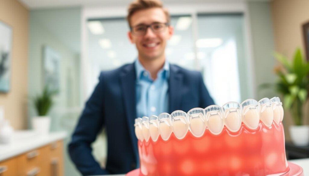 A close-up view of a dental model showcasing a permanent retainer installed after Invisalign treatment. The foreground highlights the intricate details of the retainer, emphasizing its slim, clear wires and discreet bonding to the teeth. In the middle ground, a smiling, young adult with straight teeth is looking confidently at the camera, dressed in professional business attire to convey a sense of everyday life. The background features a softly blurred dental office setting with bright, natural lighting that creates a welcoming atmosphere. The image should focus on the importance of retainers, embodying a sense of assurance and professionalism. Capture this scene from a slightly angled perspective to enhance depth while maintaining clarity on the retainer’s details. A close-up view of a dental model showcasing a permanent retainer installed after Invisalign treatment. The foreground highlights the intricate details of the retainer, emphasizing its slim, clear wires and discreet bonding to the teeth. In the middle ground, a smiling, young adult with straight teeth is looking confidently at the camera, dressed in professional business attire to convey a sense of everyday life. The background features a softly blurred dental office setting with bright, natural lighting that creates a welcoming atmosphere. The image should focus on the importance of retainers, embodying a sense of assurance and professionalism. Capture this scene from a slightly angled perspective to enhance depth while maintaining clarity on the retainer’s details.