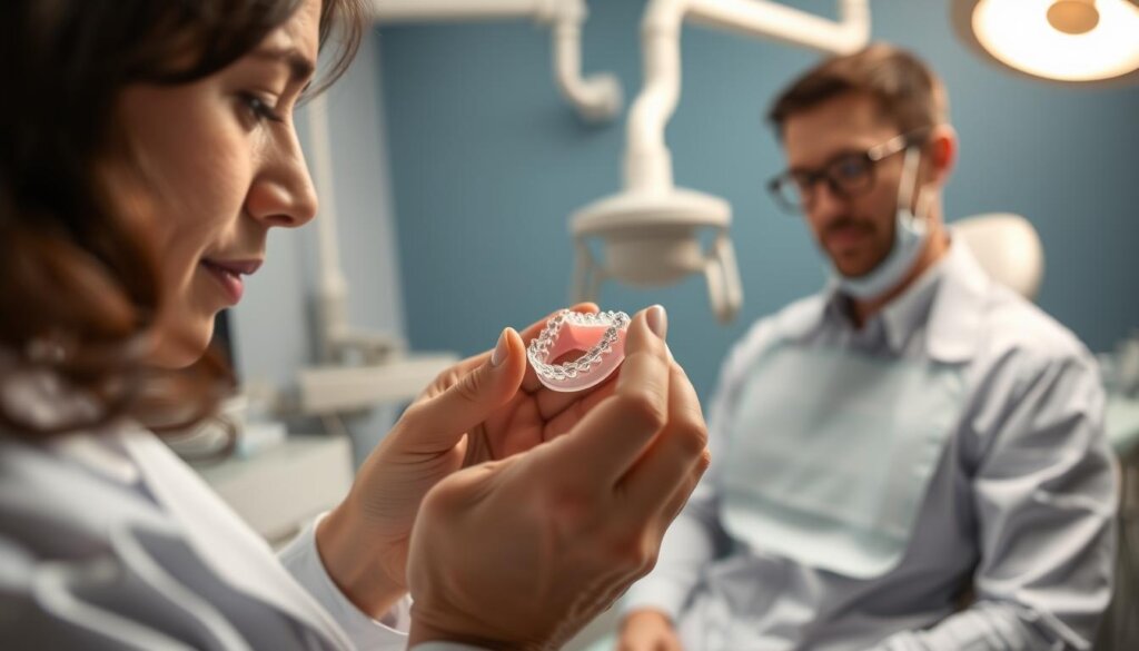 A close-up view of a dental professional demonstrating proper aligner seating techniques. In the foreground, a focused dentist in a white lab coat is handling a clear aligner, showing careful, precise movements with their hands. The middle ground showcases a patient in a dental chair, looking attentive and calm, wearing standard dental bib and glasses. The background features dental equipment, a soft blue wall, and soft, diffused lighting to create a sterile and professional atmosphere. A gentle spotlight highlights the aligner to emphasize its importance. The overall mood is informative and reassuring, ideal for educating viewers on fitting aligners back in effectively. The angle is slightly tilted downwards, creating an intimate and engaging perspective. A close-up view of a dental professional demonstrating proper aligner seating techniques. In the foreground, a focused dentist in a white lab coat is handling a clear aligner, showing careful, precise movements with their hands. The middle ground showcases a patient in a dental chair, looking attentive and calm, wearing standard dental bib and glasses. The background features dental equipment, a soft blue wall, and soft, diffused lighting to create a sterile and professional atmosphere. A gentle spotlight highlights the aligner to emphasize its importance. The overall mood is informative and reassuring, ideal for educating viewers on fitting aligners back in effectively. The angle is slightly tilted downwards, creating an intimate and engaging perspective.