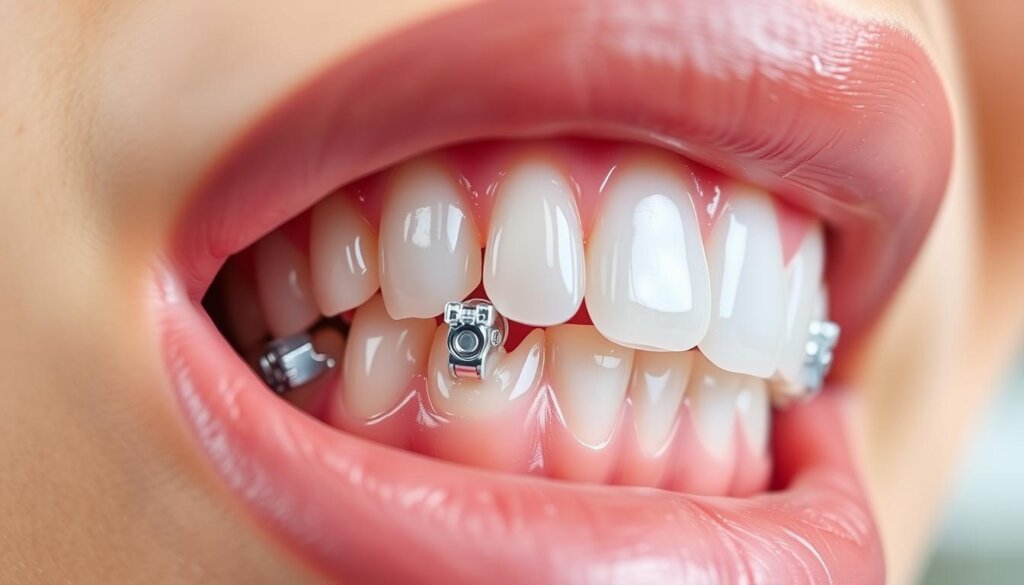 A close-up view of a human mouth featuring Invisalign SmartForce attachments meticulously placed on several teeth. The foreground highlights the clear aligners snugly fitting around the attachments, showcasing their intricate design. In the middle ground, the teeth shine with a slight gloss, accentuating the clear aligners and ensuring a clean, well-lit aesthetic. The background is softly blurred to keep the focus on the dental elements, with a neutral color palette that enhances clarity without distraction. The lighting is bright and even, resembling a clinical setting, while maintaining a warm atmosphere to invite a sense of trust and professionalism. The angle should capture a side view to effectively highlight the attachments’ positioning and detail. A close-up view of a human mouth featuring Invisalign SmartForce attachments meticulously placed on several teeth. The foreground highlights the clear aligners snugly fitting around the attachments, showcasing their intricate design. In the middle ground, the teeth shine with a slight gloss, accentuating the clear aligners and ensuring a clean, well-lit aesthetic. The background is softly blurred to keep the focus on the dental elements, with a neutral color palette that enhances clarity without distraction. The lighting is bright and even, resembling a clinical setting, while maintaining a warm atmosphere to invite a sense of trust and professionalism. The angle should capture a side view to effectively highlight the attachments’ positioning and detail.