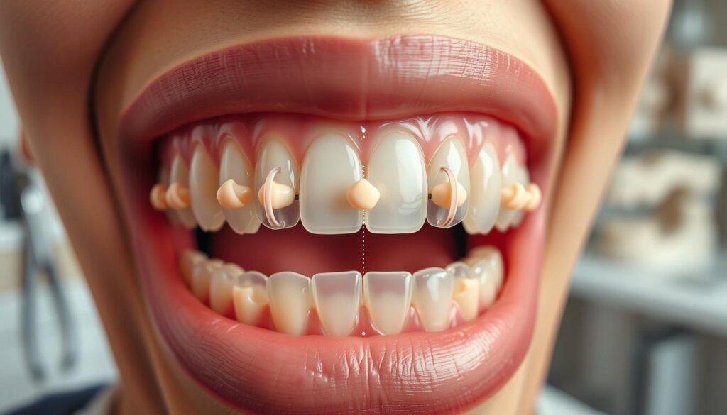 A close-up view of a human mouth showing a set of teeth with clear aligner attachments promoting biomechanical tooth movement. In the foreground, display a transparent aligner fitted snugly over the teeth, with small, tooth-colored attachments clearly visible on several teeth. The middle layer features the roots of the teeth with subtle graphical annotations illustrating their movement direction and the forces applied by the aligners. The background presents a blurred dental clinic setting, featuring dental tools and a model of jaw. Use soft, warm lighting to create a professional and inviting atmosphere. Capture the scene with a macro lens to emphasize detail, highlighting the precise fit and engineering of the attachments while ensuring the image is clinically clean and sterile. A close-up view of a human mouth showing a set of teeth with clear aligner attachments promoting biomechanical tooth movement. In the foreground, display a transparent aligner fitted snugly over the teeth, with small, tooth-colored attachments clearly visible on several teeth. The middle layer features the roots of the teeth with subtle graphical annotations illustrating their movement direction and the forces applied by the aligners. The background presents a blurred dental clinic setting, featuring dental tools and a model of jaw. Use soft, warm lighting to create a professional and inviting atmosphere. Capture the scene with a macro lens to emphasize detail, highlighting the precise fit and engineering of the attachments while ensuring the image is clinically clean and sterile.