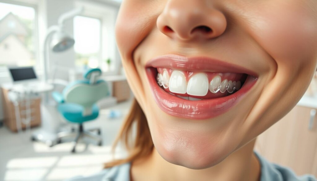 A close-up view of a person smiling, showcasing clear Invisalign aligners on their teeth, representing effective misalignment treatment. In the foreground, a well-lit mouth reveals the aligners and healthy gums, while the middle-ground features a soft-focus dentist's tools and dental chair, symbolizing a professional dental environment. The background shows a serene dental office with calming colors and natural light filtering through a window, creating a warm, inviting atmosphere. The lens is at eye level, emphasizing the personal nature of Invisalign treatment. The overall mood reflects confidence and positivity, with the subject in smart casual attire, conveying a professional yet approachable demeanor. A close-up view of a person smiling, showcasing clear Invisalign aligners on their teeth, representing effective misalignment treatment. In the foreground, a well-lit mouth reveals the aligners and healthy gums, while the middle-ground features a soft-focus dentist's tools and dental chair, symbolizing a professional dental environment. The background shows a serene dental office with calming colors and natural light filtering through a window, creating a warm, inviting atmosphere. The lens is at eye level, emphasizing the personal nature of Invisalign treatment. The overall mood reflects confidence and positivity, with the subject in smart casual attire, conveying a professional yet approachable demeanor.