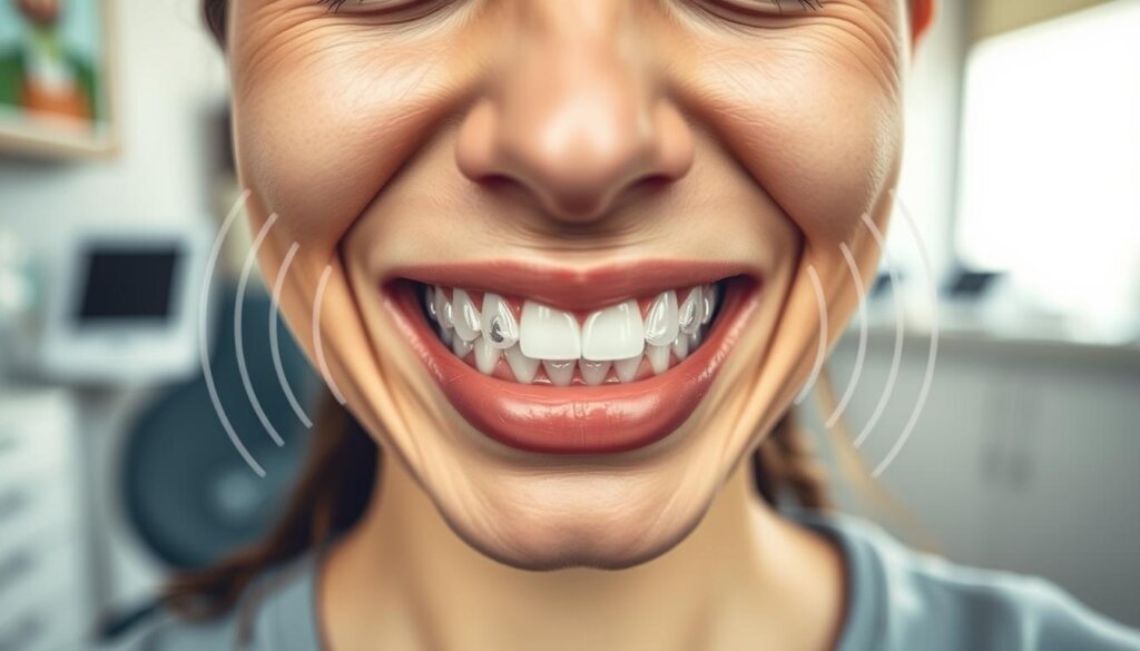 A close-up view of a person's face with a slight grimace, illustrating the sensations of pressure and discomfort during Invisalign treatment. The foreground features the person's mouth partially open, showcasing clear aligners on their teeth. In the middle ground, a subtle overlay of pressure waves emanates from the aligners, symbolizing discomfort. The background consists of a softly blurred dental office environment, adding context but not distracting from the subject. The lighting is soft and natural, casting gentle highlights on the face to emphasize the contours and expressions. The overall mood is one of mild unease, capturing the essence of the aligner experience during orthodontic treatment. A close-up view of a person's face with a slight grimace, illustrating the sensations of pressure and discomfort during Invisalign treatment. The foreground features the person's mouth partially open, showcasing clear aligners on their teeth. In the middle ground, a subtle overlay of pressure waves emanates from the aligners, symbolizing discomfort. The background consists of a softly blurred dental office environment, adding context but not distracting from the subject. The lighting is soft and natural, casting gentle highlights on the face to emphasize the contours and expressions. The overall mood is one of mild unease, capturing the essence of the aligner experience during orthodontic treatment.