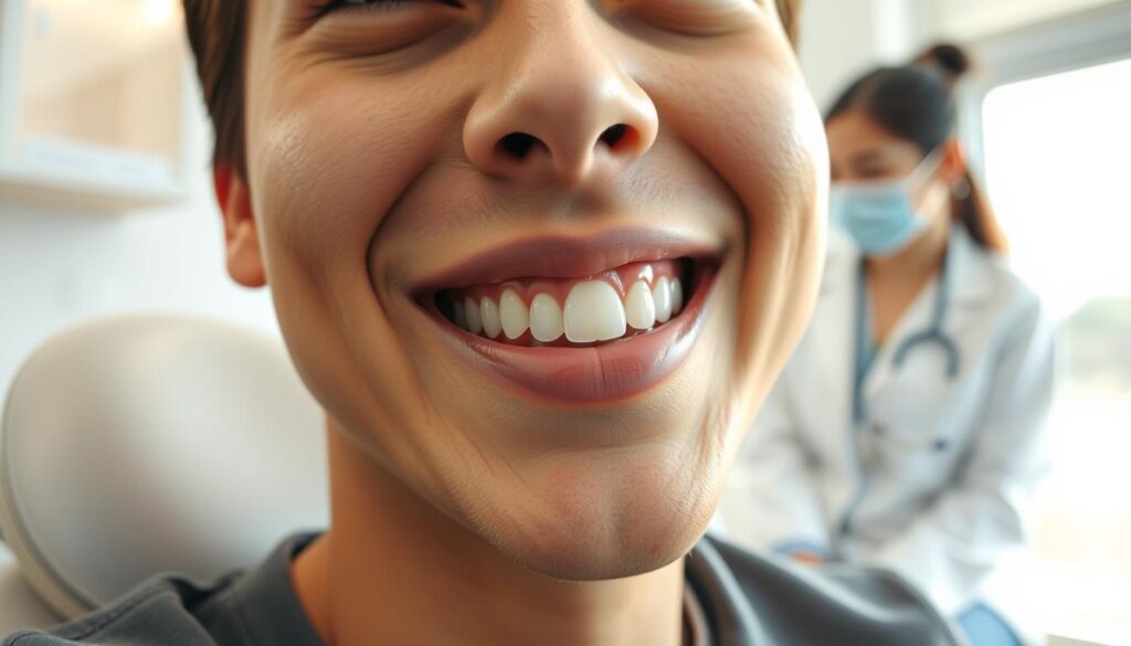 A close-up view of a person's smile, featuring clear Invisalign aligners and small attachments on the teeth, showcasing a scene of comfort and care during treatment. The individual, a young adult wearing modest casual clothing, is sitting in a well-lit dental office, with soft, natural light filtering through a window, creating a warm atmosphere. In the background, a dental professional, dressed in a professional outfit, is attentively discussing the treatment, illustrating a supportive environment. The focus is on the individual’s relaxed expression, conveying reassurance and confidence in the Invisalign process. The composition should capture a sense of comfort and the reassuring presence of dental care, with an emphasis on the clear aligners and attachments that aid in the dental journey. A close-up view of a person's smile, featuring clear Invisalign aligners and small attachments on the teeth, showcasing a scene of comfort and care during treatment. The individual, a young adult wearing modest casual clothing, is sitting in a well-lit dental office, with soft, natural light filtering through a window, creating a warm atmosphere. In the background, a dental professional, dressed in a professional outfit, is attentively discussing the treatment, illustrating a supportive environment. The focus is on the individual’s relaxed expression, conveying reassurance and confidence in the Invisalign process. The composition should capture a sense of comfort and the reassuring presence of dental care, with an emphasis on the clear aligners and attachments that aid in the dental journey.