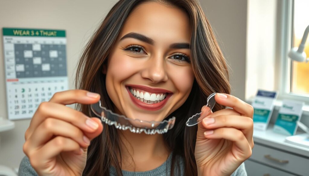 A close-up view of a young adult female smiling confidently while holding clear Invisalign aligners in her hands, demonstrating the effectiveness of Invisalign treatment. In the foreground, focus on her bright smile and perfectly aligned teeth, showcasing the transition from misalignment to a straightened smile. The middle ground includes a softly lit dental office with a calendar on the wall marking a wear schedule, emphasizing the importance of consistent use. In the background, a neatly organized desk with dental tools and brochures about Invisalign treatment can be seen, creating an informative atmosphere. Soft natural lighting from a window casts a warm glow, evoking a sense of positivity and success in dental care. A close-up view of a young adult female smiling confidently while holding clear Invisalign aligners in her hands, demonstrating the effectiveness of Invisalign treatment. In the foreground, focus on her bright smile and perfectly aligned teeth, showcasing the transition from misalignment to a straightened smile. The middle ground includes a softly lit dental office with a calendar on the wall marking a wear schedule, emphasizing the importance of consistent use. In the background, a neatly organized desk with dental tools and brochures about Invisalign treatment can be seen, creating an informative atmosphere. Soft natural lighting from a window casts a warm glow, evoking a sense of positivity and success in dental care.