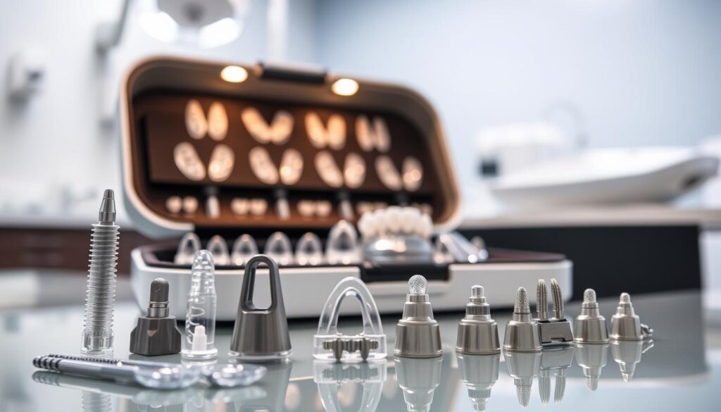 A close-up view of advanced precision attachments used with Invisalign aligners, artfully arranged foreground with a variety of intricate tool designs showcasing their functionality for complex dental movements. In the middle ground, an open Invisalign case displays various aligner stages and precision attachments, emphasizing their advanced technology. The background features a softly blurred dental clinic, enhancing the professional atmosphere. The lighting is bright and clinical, emphasizing cleanliness and precision, with reflections highlighting the glossy surfaces of the attachments. The overall mood conveys innovation and expertise, ideal for highlighting advanced Invisalign techniques in orthodontics. A close-up view of advanced precision attachments used with Invisalign aligners, artfully arranged foreground with a variety of intricate tool designs showcasing their functionality for complex dental movements. In the middle ground, an open Invisalign case displays various aligner stages and precision attachments, emphasizing their advanced technology. The background features a softly blurred dental clinic, enhancing the professional atmosphere. The lighting is bright and clinical, emphasizing cleanliness and precision, with reflections highlighting the glossy surfaces of the attachments. The overall mood conveys innovation and expertise, ideal for highlighting advanced Invisalign techniques in orthodontics.