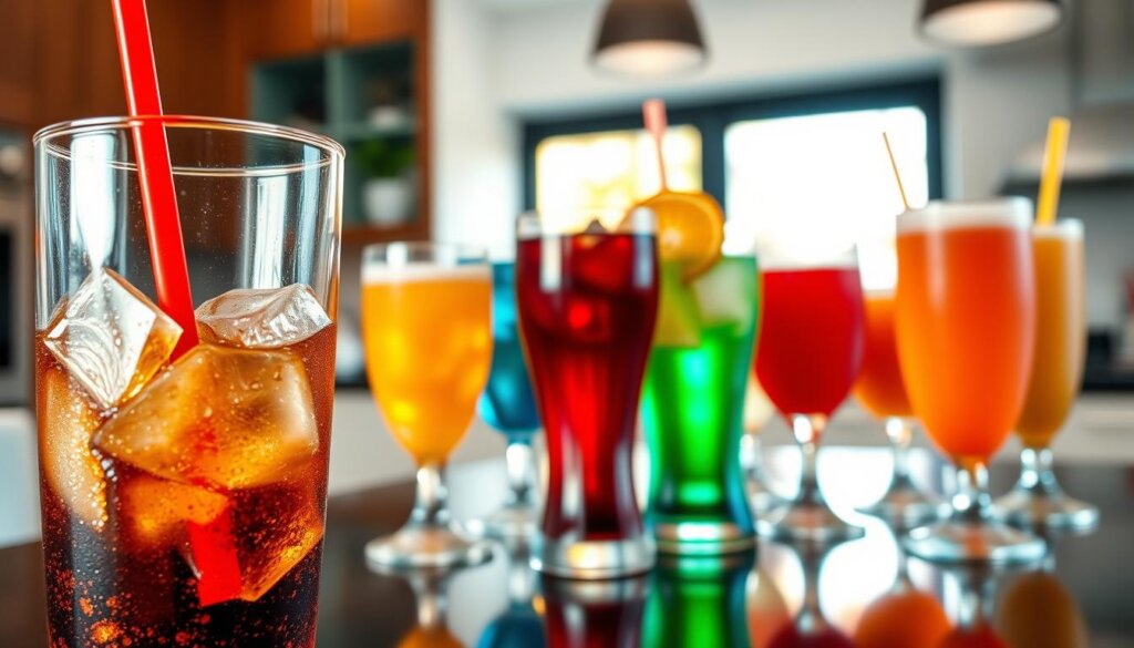 A close-up view of an array of colorful sugary beverages to avoid while using clear aligners, prominently featuring soda, sweetened coffee drinks, and fruit juices. The foreground focuses on a sparkling glass of cola with ice and a bright red straw, surrounded by other sugary drinks in elegant glassware. The middle section showcases a table with a variety of colorful drinks, reflecting vibrant hues, creating a visual contrast. The background should be softly blurred with a modern kitchen setting, illuminated by warm, natural light from a nearby window. This setting evokes a cautionary mood, highlighting the risks these beverages pose to oral health while using clear aligners. The image should be bright and engaging, yet convey the seriousness of maintaining dental hygiene. A close-up view of an array of colorful sugary beverages to avoid while using clear aligners, prominently featuring soda, sweetened coffee drinks, and fruit juices. The foreground focuses on a sparkling glass of cola with ice and a bright red straw, surrounded by other sugary drinks in elegant glassware. The middle section showcases a table with a variety of colorful drinks, reflecting vibrant hues, creating a visual contrast. The background should be softly blurred with a modern kitchen setting, illuminated by warm, natural light from a nearby window. This setting evokes a cautionary mood, highlighting the risks these beverages pose to oral health while using clear aligners. The image should be bright and engaging, yet convey the seriousness of maintaining dental hygiene.