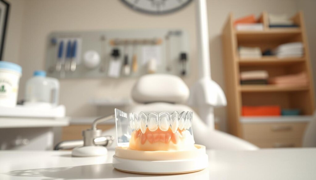 A close-up view of an orthodontist's desk featuring a detailed aligner fit assessment. In the foreground, a clear aligner is placed on a dental model of a human jaw, showcasing proper tooth positioning. Crisp, natural lighting enhances the translucency of the aligner, revealing how it snugly fits over aligned teeth. In the middle background, various dental tools and equipment are neatly organized, suggesting a professional dental setting. The atmosphere is clinical yet inviting, with a light and airy feel. The focus is on the aligner and the model, emphasizing the importance of proper tooth alignment. The image should convey a sense of professionalism and care, suitable for a dental practice ambiance. A close-up view of an orthodontist's desk featuring a detailed aligner fit assessment. In the foreground, a clear aligner is placed on a dental model of a human jaw, showcasing proper tooth positioning. Crisp, natural lighting enhances the translucency of the aligner, revealing how it snugly fits over aligned teeth. In the middle background, various dental tools and equipment are neatly organized, suggesting a professional dental setting. The atmosphere is clinical yet inviting, with a light and airy feel. The focus is on the aligner and the model, emphasizing the importance of proper tooth alignment. The image should convey a sense of professionalism and care, suitable for a dental practice ambiance.