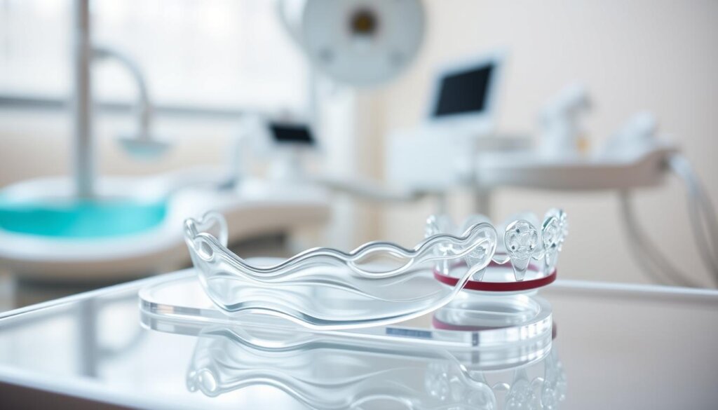 A close-up view of clear Invisalign aligners, designed specifically to accommodate dental crowns, set against a soft, neutral background. In the foreground, showcase the aligners resting on a polished dental tray, reflecting light to highlight their clarity and smooth contours. Include subtle details of a dental crown gently positioned beside them, illustrating compatibility. The middle ground should feature a well-lit dental office space, with blurs of professional dental tools and equipment, suggesting a clinical environment. Utilize soft, natural lighting to create a welcoming and reassuring atmosphere, evoking a sense of trust and professionalism. The image should focus exclusively on the aligners and dental elements, ensuring a clean, distraction-free presentation with no text or branding. A close-up view of clear Invisalign aligners, designed specifically to accommodate dental crowns, set against a soft, neutral background. In the foreground, showcase the aligners resting on a polished dental tray, reflecting light to highlight their clarity and smooth contours. Include subtle details of a dental crown gently positioned beside them, illustrating compatibility. The middle ground should feature a well-lit dental office space, with blurs of professional dental tools and equipment, suggesting a clinical environment. Utilize soft, natural lighting to create a welcoming and reassuring atmosphere, evoking a sense of trust and professionalism. The image should focus exclusively on the aligners and dental elements, ensuring a clean, distraction-free presentation with no text or branding.