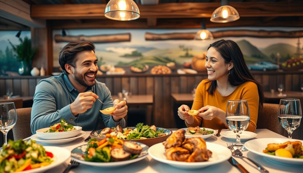 A cozy and inviting restaurant setting with a couple seated at a well-set table, enjoying a meal together. The foreground features the couple laughing and sharing a dish, both wearing clear aligners, showcasing their confident smiles. In the middle, a beautifully arranged table with a variety of colorful, healthy dishes—salads, grilled vegetables, and small plates—on elegant tableware. The background reveals a softly lit atmosphere with warm pendant lights illuminating rustic wooden beams and a mural of culinary landscapes. The scene captures a sense of relaxation and happiness, embodying the lifestyle adjustments during orthodontic treatment. The lighting is warm and friendly, emphasizing comfort and ease, with a slight focus on the couple's facial expressions while capturing the joy of dining out. A cozy and inviting restaurant setting with a couple seated at a well-set table, enjoying a meal together. The foreground features the couple laughing and sharing a dish, both wearing clear aligners, showcasing their confident smiles. In the middle, a beautifully arranged table with a variety of colorful, healthy dishes—salads, grilled vegetables, and small plates—on elegant tableware. The background reveals a softly lit atmosphere with warm pendant lights illuminating rustic wooden beams and a mural of culinary landscapes. The scene captures a sense of relaxation and happiness, embodying the lifestyle adjustments during orthodontic treatment. The lighting is warm and friendly, emphasizing comfort and ease, with a slight focus on the couple's facial expressions while capturing the joy of dining out.