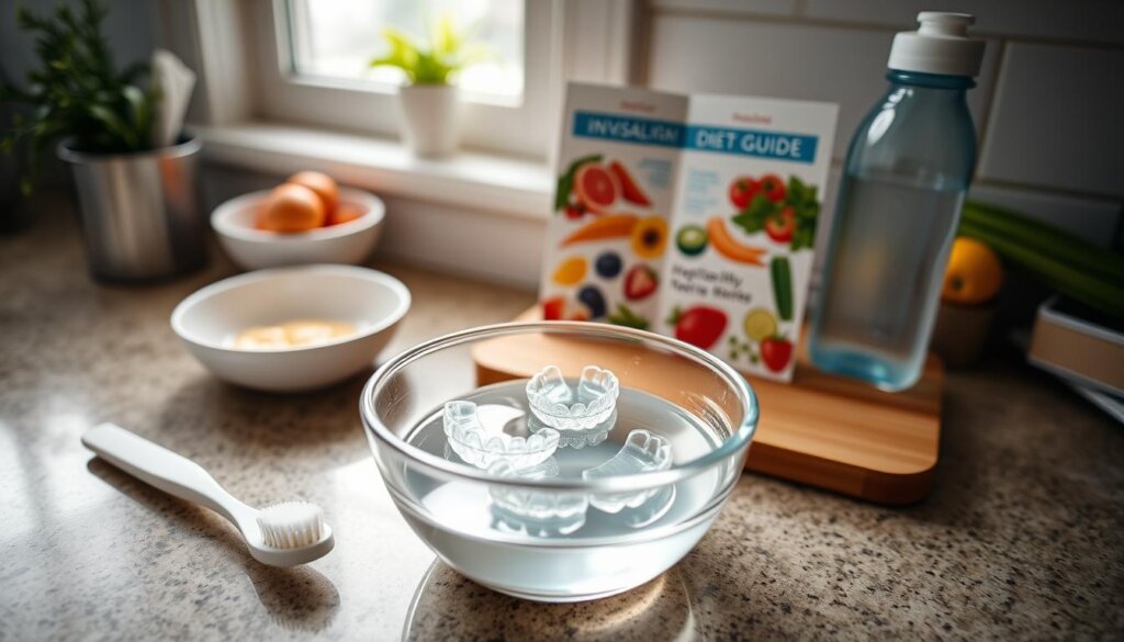 A cozy home kitchen scene featuring an organized countertop with a small bowl of warm, soapy water and a soft, clean toothbrush beside it, designed for cleaning Invisalign trays. In the foreground, a pair of clear Invisalign trays soaking in the bowl, glistening under soft, natural lighting from a nearby window. In the middle ground, a neatly arranged diet guide pamphlet displaying healthy food options, including fruits and vegetables, emphasizing dietary considerations while wearing aligners. The background showcases fresh ingredients and a water bottle, promoting hydration during treatment. The atmosphere is calm and inviting, suggesting a clean and mindful approach to oral care. The camera angle is slightly overhead, capturing the scene with clarity and focus. A cozy home kitchen scene featuring an organized countertop with a small bowl of warm, soapy water and a soft, clean toothbrush beside it, designed for cleaning Invisalign trays. In the foreground, a pair of clear Invisalign trays soaking in the bowl, glistening under soft, natural lighting from a nearby window. In the middle ground, a neatly arranged diet guide pamphlet displaying healthy food options, including fruits and vegetables, emphasizing dietary considerations while wearing aligners. The background showcases fresh ingredients and a water bottle, promoting hydration during treatment. The atmosphere is calm and inviting, suggesting a clean and mindful approach to oral care. The camera angle is slightly overhead, capturing the scene with clarity and focus.