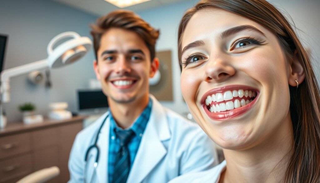 A dental clinic setting featuring a confident young adult in professional attire, smiling while wearing clear Invisalign aligners. In the foreground, showcase a close-up view of the aligners and a set of crowded teeth, illustrating the effective tooth alignment process. The middle ground should display the dental professional, with tools and dental models in the background, emphasizing expertise in orthodontics. Soft, warm lighting should create an inviting atmosphere, with a slight focus on the aligners to highlight their role in correcting dental crowding. The lens should capture the scene at a slight angle, providing depth and showcasing the dental office environment, emphasizing professionalism and care in dental treatment. A dental clinic setting featuring a confident young adult in professional attire, smiling while wearing clear Invisalign aligners. In the foreground, showcase a close-up view of the aligners and a set of crowded teeth, illustrating the effective tooth alignment process. The middle ground should display the dental professional, with tools and dental models in the background, emphasizing expertise in orthodontics. Soft, warm lighting should create an inviting atmosphere, with a slight focus on the aligners to highlight their role in correcting dental crowding. The lens should capture the scene at a slight angle, providing depth and showcasing the dental office environment, emphasizing professionalism and care in dental treatment.