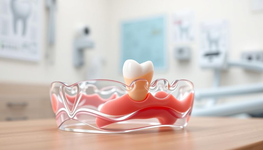A dental clinic setting, focusing on a close-up view of clear aligners and a partially erupted wisdom tooth in an anatomical model. The clear aligners should be prominently displayed in the foreground, showcasing their transparent material and intricate fit over a dental mold. In the middle, a realistic 3D render of a wisdom tooth, emerging through the gums, lies beside the aligners, illustrating the transition during orthodontic treatment. The background features soft, natural lighting to create a calm atmosphere, with subtle hints of dental tools and charts on the walls. Aim for a professional and clinical mood, emphasizing clarity and education in dental health. Use a shallow depth of field to draw attention to the aligners and wisdom tooth while softly blurring the background elements. A dental clinic setting, focusing on a close-up view of clear aligners and a partially erupted wisdom tooth in an anatomical model. The clear aligners should be prominently displayed in the foreground, showcasing their transparent material and intricate fit over a dental mold. In the middle, a realistic 3D render of a wisdom tooth, emerging through the gums, lies beside the aligners, illustrating the transition during orthodontic treatment. The background features soft, natural lighting to create a calm atmosphere, with subtle hints of dental tools and charts on the walls. Aim for a professional and clinical mood, emphasizing clarity and education in dental health. Use a shallow depth of field to draw attention to the aligners and wisdom tooth while softly blurring the background elements.
