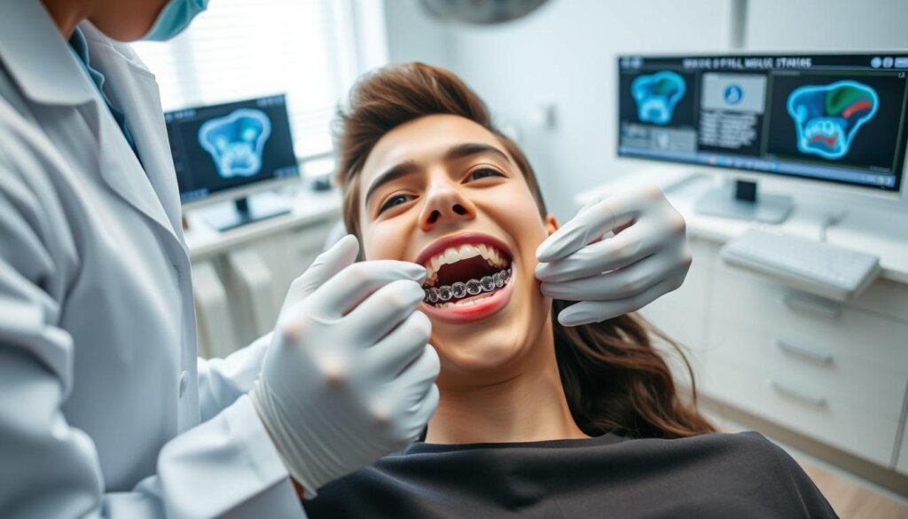 A dental clinician in a modern office setting, wearing a white coat and gloves, is adjusting clear aligners for a young adult patient seated comfortably in a dental chair. The patient's mouth is slightly open, revealing emerging wisdom teeth alongside the aligners, highlighting the orthodontic adjustments being made. In the background, dental tools and monitors displaying 3D scans of the teeth add context. Soft, natural lighting enhances the professionalism of the scene, while the angle focuses on the interaction between the dentist and the patient, creating an atmosphere of calm reassurance. The overall mood is informative and reassuring, emphasizing the care taken during orthodontic treatment amidst wisdom tooth eruption. A dental clinician in a modern office setting, wearing a white coat and gloves, is adjusting clear aligners for a young adult patient seated comfortably in a dental chair. The patient's mouth is slightly open, revealing emerging wisdom teeth alongside the aligners, highlighting the orthodontic adjustments being made. In the background, dental tools and monitors displaying 3D scans of the teeth add context. Soft, natural lighting enhances the professionalism of the scene, while the angle focuses on the interaction between the dentist and the patient, creating an atmosphere of calm reassurance. The overall mood is informative and reassuring, emphasizing the care taken during orthodontic treatment amidst wisdom tooth eruption.