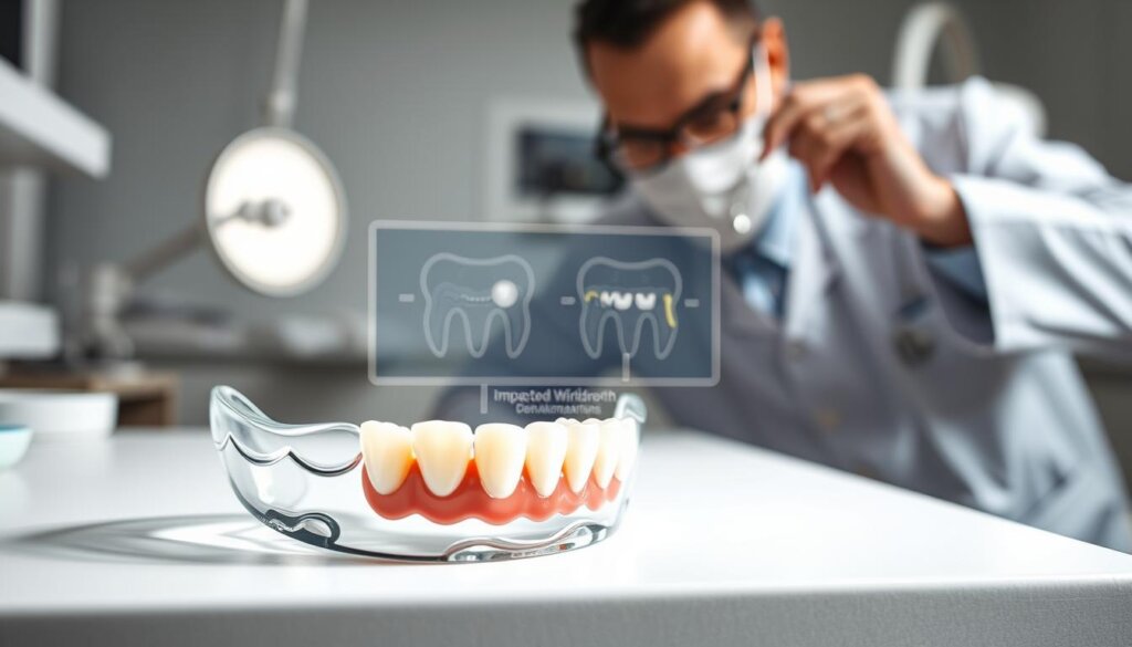 A dental environment showcasing an Invisalign clear aligner positioned prominently in the foreground, revealing its compatibility with a set of partially erupted, impacted wisdom teeth. In the middle area, a detailed diagram illustrates the interplay between the aligner and the impacted teeth, highlighting potential complications like misalignment or crowding. In the background, a modern dental clinic is visible, with soft white lighting illuminating the scene, enhancing clarity and focus on the dental elements. The overall mood is clinical yet informative, designed to resonate with dental professionals and patients alike. A professional dentist in a white coat, examining the situation, adds to the context, ensuring a safe, supportive atmosphere. The image is captured with a slight depth of field, emphasizing the foreground details while softly blurring the background. A dental environment showcasing an Invisalign clear aligner positioned prominently in the foreground, revealing its compatibility with a set of partially erupted, impacted wisdom teeth. In the middle area, a detailed diagram illustrates the interplay between the aligner and the impacted teeth, highlighting potential complications like misalignment or crowding. In the background, a modern dental clinic is visible, with soft white lighting illuminating the scene, enhancing clarity and focus on the dental elements. The overall mood is clinical yet informative, designed to resonate with dental professionals and patients alike. A professional dentist in a white coat, examining the situation, adds to the context, ensuring a safe, supportive atmosphere. The image is captured with a slight depth of field, emphasizing the foreground details while softly blurring the background.