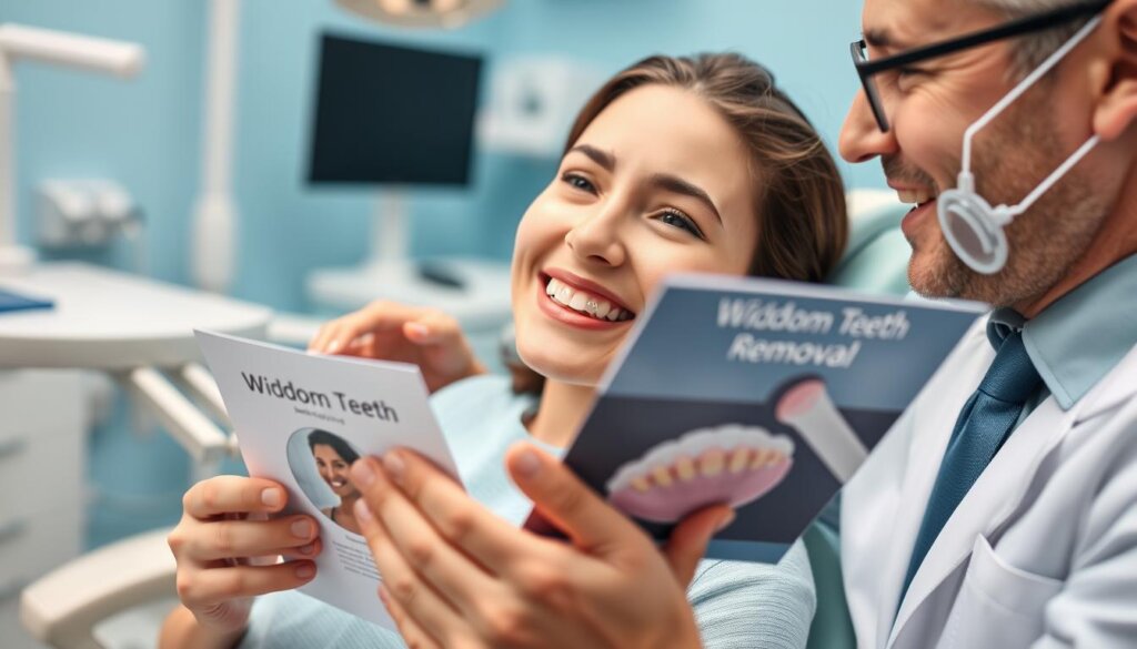A dental office scene featuring a young adult patient sitting in an examination chair, wearing a dental bib, with a friendly dentist examining their mouth. The patient has clear Invisalign aligners on their teeth and looks slightly anxious but hopeful as they hold a brochure about wisdom teeth removal. In the background, dental equipment is neatly arranged, and a calming environment is created with soft lighting and soft blue walls. The dentist, in professional attire, is offering reassuring gestures, creating an atmosphere of care and professionalism. The angle captures both the patient and the dentist's expressions, highlighting a moment of communication and empathy. The overall mood is informative and supportive, emphasizing a positive dental experience. A dental office scene featuring a young adult patient sitting in an examination chair, wearing a dental bib, with a friendly dentist examining their mouth. The patient has clear Invisalign aligners on their teeth and looks slightly anxious but hopeful as they hold a brochure about wisdom teeth removal. In the background, dental equipment is neatly arranged, and a calming environment is created with soft lighting and soft blue walls. The dentist, in professional attire, is offering reassuring gestures, creating an atmosphere of care and professionalism. The angle captures both the patient and the dentist's expressions, highlighting a moment of communication and empathy. The overall mood is informative and supportive, emphasizing a positive dental experience.