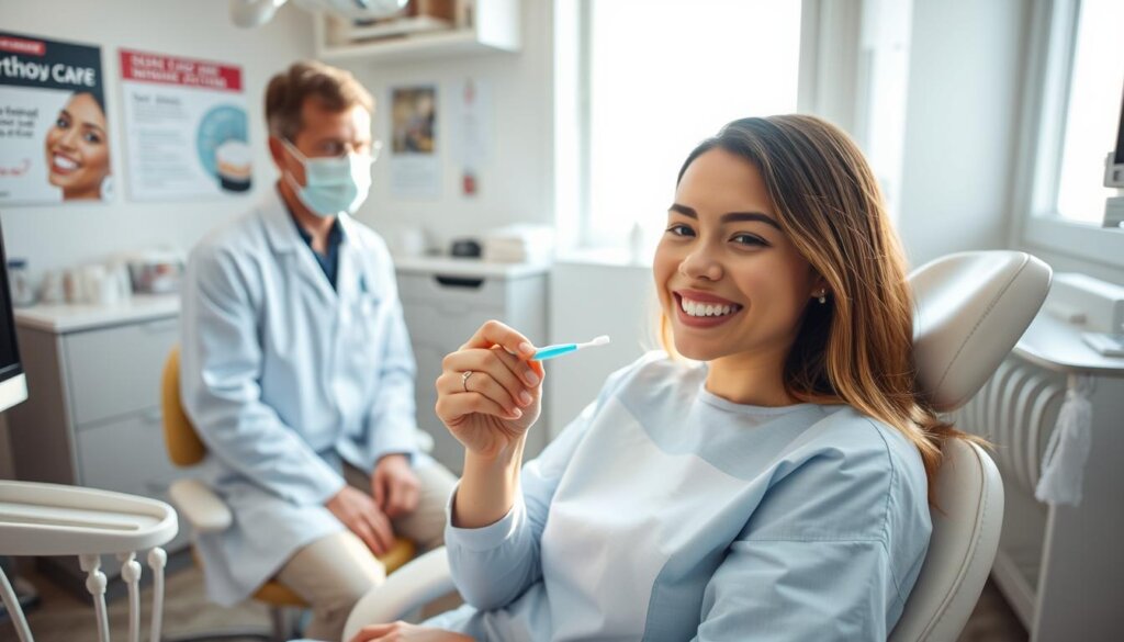 A dentist's office scene focusing on oral hygiene with orthodontics maintenance. In the foreground, a patient—dressed in a light blue dental gown—sits in a dental chair, holding an orthodontic brush and demonstrating proper cleaning techniques on Invisalign attachments. In the middle, a dentist, wearing a white coat and mask, provides guidance while resembling a supportive figure. The background features a well-organized dental workspace with professional tools, posters about orthodontic care, and soft lighting that creates a calm atmosphere. The scene captures an informative and engaging mood, showcasing the importance of maintaining orthodontic appliances. Use natural daylight streaming through a window to enhance visibility and add a touch of warmth. Create a perspective-angle shot that highlights both the patient and the dentist effectively. A dentist's office scene focusing on oral hygiene with orthodontics maintenance. In the foreground, a patient—dressed in a light blue dental gown—sits in a dental chair, holding an orthodontic brush and demonstrating proper cleaning techniques on Invisalign attachments. In the middle, a dentist, wearing a white coat and mask, provides guidance while resembling a supportive figure. The background features a well-organized dental workspace with professional tools, posters about orthodontic care, and soft lighting that creates a calm atmosphere. The scene captures an informative and engaging mood, showcasing the importance of maintaining orthodontic appliances. Use natural daylight streaming through a window to enhance visibility and add a touch of warmth. Create a perspective-angle shot that highlights both the patient and the dentist effectively.