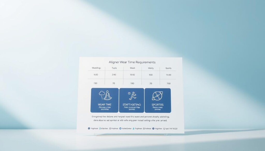 A detailed and informative "aligner wear time requirements chart" displayed prominently. In the foreground, a sleek, modern chart illustrating the recommended wear times for aligners in a visually appealing layout. In the middle, graphical icons representing special occasions, such as weddings and sports events, demonstrating brief periods when aligners can be removed. The background features a soft gradient, transitioning from a calm blue to a gentle white, evoking a professional and informative atmosphere. Soft, diffused lighting enhances clarity and readability of the chart, while a focal angle that emphasizes the chart draws the viewer's attention directly to the informative content. Aim for a clean, minimalist design that feels educational and trustworthy, free of any text, watermarks, or signatures. A detailed and informative "aligner wear time requirements chart" displayed prominently. In the foreground, a sleek, modern chart illustrating the recommended wear times for aligners in a visually appealing layout. In the middle, graphical icons representing special occasions, such as weddings and sports events, demonstrating brief periods when aligners can be removed. The background features a soft gradient, transitioning from a calm blue to a gentle white, evoking a professional and informative atmosphere. Soft, diffused lighting enhances clarity and readability of the chart, while a focal angle that emphasizes the chart draws the viewer's attention directly to the informative content. Aim for a clean, minimalist design that feels educational and trustworthy, free of any text, watermarks, or signatures.
