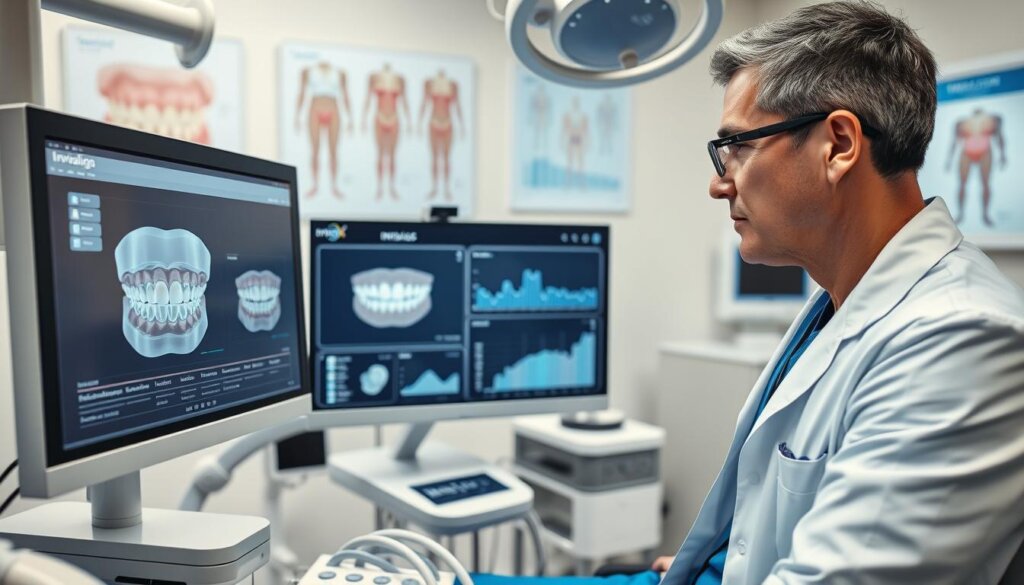 A detailed and sophisticated dental clinic scene showcasing the digital orthodontic planning process for clear aligners. In the foreground, a focused orthodontist, dressed in a white coat and blue scrubs, is attentively examining a 3D digital model of teeth on a computer screen, surrounded by advanced dental equipment. The middle ground features a high-tech orthodontic software interface with clear aligner simulations and graphs illustrating treatment progress. In the background, soft lighting enhances a clean, modern dental environment with anatomical dental posters and digital charts. The atmosphere radiates professionalism and innovation, capturing the early stages of Invisalign treatment with a sense of hope and precision. Use a slight overhead angle to emphasize the digital tools and the orthodontist's interactive engagement with the planning process. A detailed and sophisticated dental clinic scene showcasing the digital orthodontic planning process for clear aligners. In the foreground, a focused orthodontist, dressed in a white coat and blue scrubs, is attentively examining a 3D digital model of teeth on a computer screen, surrounded by advanced dental equipment. The middle ground features a high-tech orthodontic software interface with clear aligner simulations and graphs illustrating treatment progress. In the background, soft lighting enhances a clean, modern dental environment with anatomical dental posters and digital charts. The atmosphere radiates professionalism and innovation, capturing the early stages of Invisalign treatment with a sense of hope and precision. Use a slight overhead angle to emphasize the digital tools and the orthodontist's interactive engagement with the planning process.