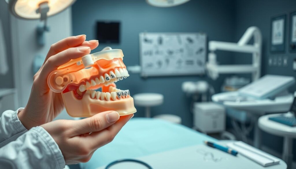 A detailed dental scene showcasing the preparation for Invisalign treatment involving third molars, highlighting an anatomical model of a human jaw with third molars prominently displayed. In the foreground, a pair of hands in professional attire gently hold the model, emphasizing care and precision. The middle ground features a dental workstation equipped with tools and Invisalign aligners, all under soft, clinical lighting that enhances cleanliness and focus. The background reveals a dentist's office, with dental charts and equipment subtly blurred to prevent distraction. The atmosphere is calm and professional, conveying a sense of trust and expertise in orthodontic care. The image should be captured from a slightly elevated angle, providing a comprehensive view of the scene while ensuring clarity in details. A detailed dental scene showcasing the preparation for Invisalign treatment involving third molars, highlighting an anatomical model of a human jaw with third molars prominently displayed. In the foreground, a pair of hands in professional attire gently hold the model, emphasizing care and precision. The middle ground features a dental workstation equipped with tools and Invisalign aligners, all under soft, clinical lighting that enhances cleanliness and focus. The background reveals a dentist's office, with dental charts and equipment subtly blurred to prevent distraction. The atmosphere is calm and professional, conveying a sense of trust and expertise in orthodontic care. The image should be captured from a slightly elevated angle, providing a comprehensive view of the scene while ensuring clarity in details.