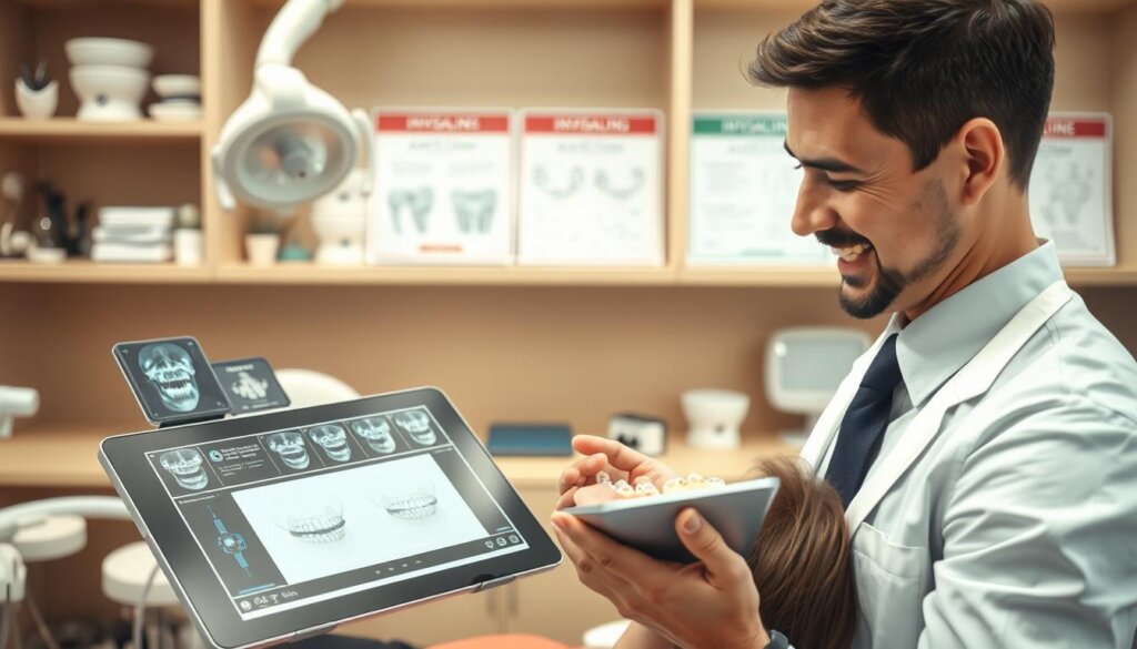 A detailed dental treatment scene depicting an orthodontist evaluating Invisalign attachments necessity and treatment planning. In the foreground, a smiling orthodontist in a professional business attire examines digital x-rays and treatment models on a tablet, showcasing advanced technology. The middle layer features a dental chair and a patient reclining with a clear aligner in place, with Invisalign attachments visibly affixed to their teeth. The background includes shelves stocked with dental tools and educational charts on orthodontic treatment. The lighting is bright and clinical, emphasizing a sense of professionalism and precision. The overall atmosphere is one of trust and expertise in dental care, highlighting the analytical aspect of determining attachment necessity for effective Invisalign treatment. A detailed dental treatment scene depicting an orthodontist evaluating Invisalign attachments necessity and treatment planning. In the foreground, a smiling orthodontist in a professional business attire examines digital x-rays and treatment models on a tablet, showcasing advanced technology. The middle layer features a dental chair and a patient reclining with a clear aligner in place, with Invisalign attachments visibly affixed to their teeth. The background includes shelves stocked with dental tools and educational charts on orthodontic treatment. The lighting is bright and clinical, emphasizing a sense of professionalism and precision. The overall atmosphere is one of trust and expertise in dental care, highlighting the analytical aspect of determining attachment necessity for effective Invisalign treatment.