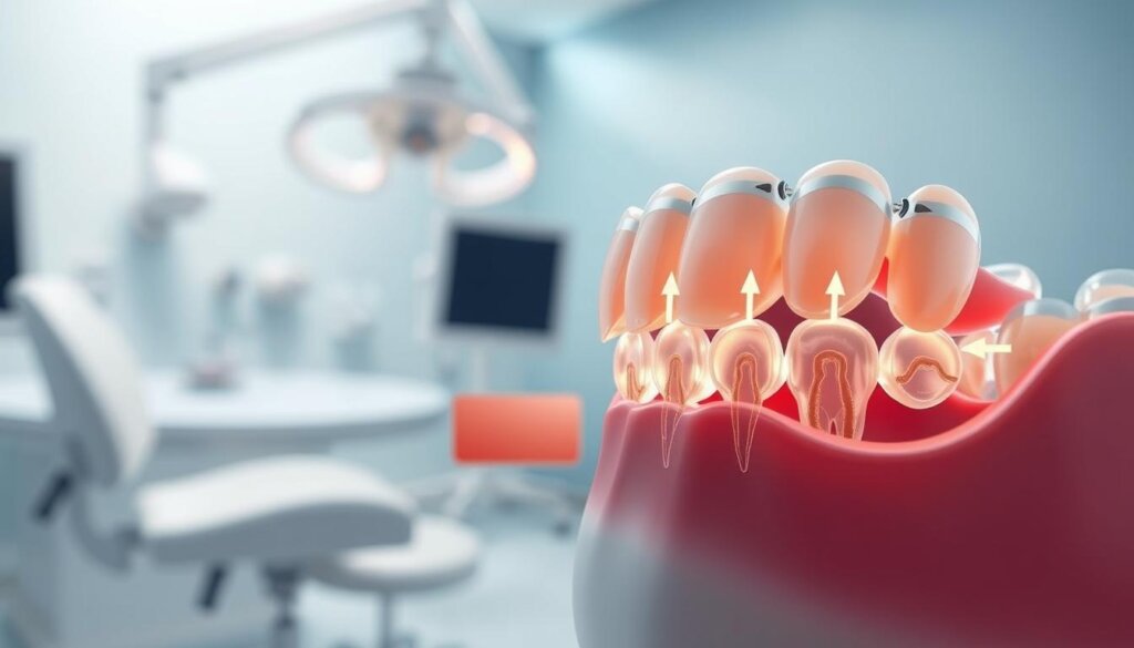 A detailed illustration of orthodontic biomechanics, focusing on tooth movement due to aligners. In the foreground, depict a close-up of teeth with clear aligners, showing the aligners applying pressure to shift the teeth. In the middle ground, illustrate the dental arch and the root structures of the teeth highlighted with arrows indicating movement directions. In the background, provide a blurred dental clinic setting, creating an atmosphere of professionalism and care. Use soft, ambient lighting to emphasize the precision of orthodontics, with a slight spotlight on the teeth to draw attention. The angle should be slightly above the dental arch to provide a comprehensive view of the mechanics involved. Aim for a clear, educational mood, reflecting the importance of proper aligner usage. A detailed illustration of orthodontic biomechanics, focusing on tooth movement due to aligners. In the foreground, depict a close-up of teeth with clear aligners, showing the aligners applying pressure to shift the teeth. In the middle ground, illustrate the dental arch and the root structures of the teeth highlighted with arrows indicating movement directions. In the background, provide a blurred dental clinic setting, creating an atmosphere of professionalism and care. Use soft, ambient lighting to emphasize the precision of orthodontics, with a slight spotlight on the teeth to draw attention. The angle should be slightly above the dental arch to provide a comprehensive view of the mechanics involved. Aim for a clear, educational mood, reflecting the importance of proper aligner usage.