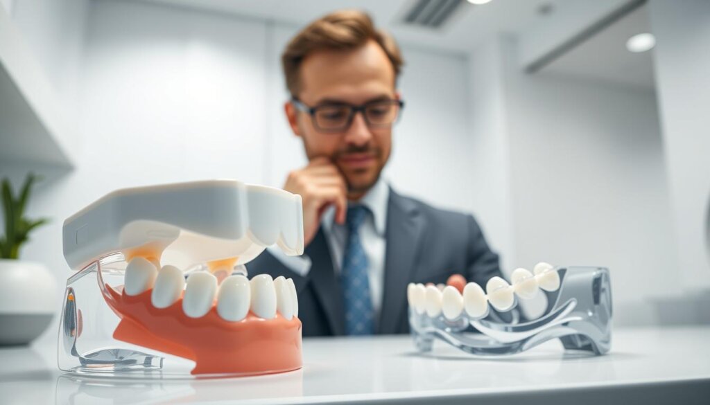 A detailed illustration showing the impact of consistent orthodontic wear on tooth movement. In the foreground, a highly detailed 3D model of teeth positioned in aligners, showcasing gradual shifts in alignment due to consistent wear. In the middle ground, a dental professional in business attire examines the models with a thoughtful expression, symbolizing the importance of consistent usage. The background features a bright, sterile dental office with subtle lighting that emphasizes cleanliness and professionalism. The focus is soft but clear, captured from a slightly elevated angle to provide depth, creating a mood of trust and expertise in orthodontic care. The image is devoid of any text or logos, ensuring a clean presentation. A detailed illustration showing the impact of consistent orthodontic wear on tooth movement. In the foreground, a highly detailed 3D model of teeth positioned in aligners, showcasing gradual shifts in alignment due to consistent wear. In the middle ground, a dental professional in business attire examines the models with a thoughtful expression, symbolizing the importance of consistent usage. The background features a bright, sterile dental office with subtle lighting that emphasizes cleanliness and professionalism. The focus is soft but clear, captured from a slightly elevated angle to provide depth, creating a mood of trust and expertise in orthodontic care. The image is devoid of any text or logos, ensuring a clean presentation.