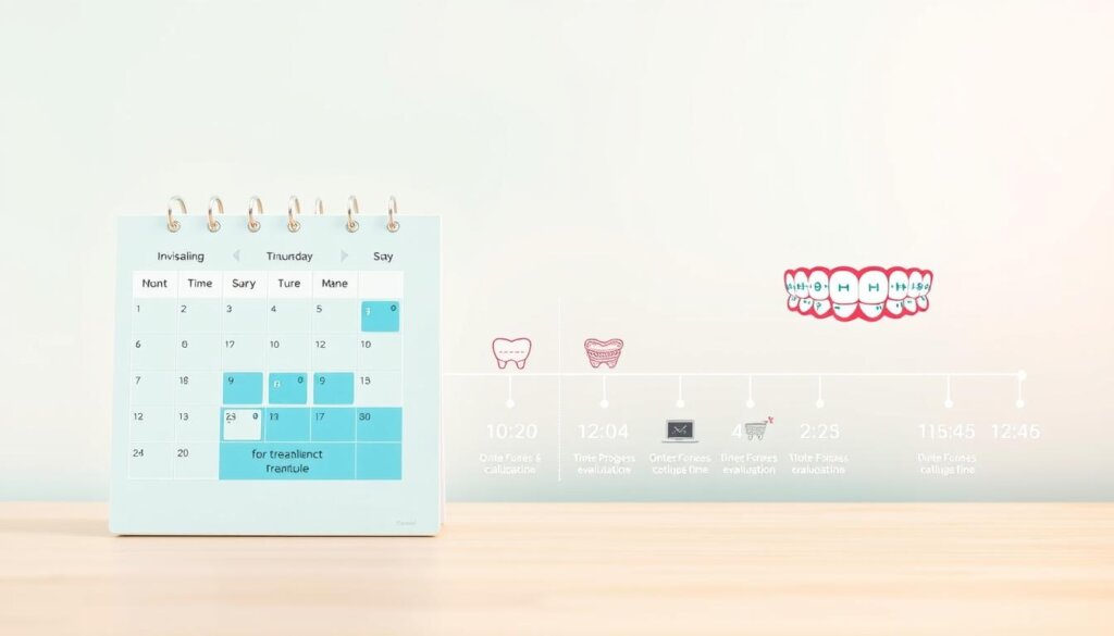 A detailed infographic illustrating the orthodontic treatment timeline for Invisalign and traditional braces, highlighting key milestones in the process. In the foreground, a digital calendar displays segmented time frames for each treatment option, with clear visual markers for major stages such as initial consultation, progress evaluations, and completion dates. The middle ground features icons representing different orthodontic tools, such as aligners for Invisalign and brackets for braces, arranged side by side for comparison. In the background, a soft gradient of pastel colors creates a calming atmosphere, making the information easily digestible. The lighting is bright and professional, conveying clarity and precision. The overall mood is informative and encouraging, inviting readers to explore treatment options with confidence. A detailed infographic illustrating the orthodontic treatment timeline for Invisalign and traditional braces, highlighting key milestones in the process. In the foreground, a digital calendar displays segmented time frames for each treatment option, with clear visual markers for major stages such as initial consultation, progress evaluations, and completion dates. The middle ground features icons representing different orthodontic tools, such as aligners for Invisalign and brackets for braces, arranged side by side for comparison. In the background, a soft gradient of pastel colors creates a calming atmosphere, making the information easily digestible. The lighting is bright and professional, conveying clarity and precision. The overall mood is informative and encouraging, inviting readers to explore treatment options with confidence.