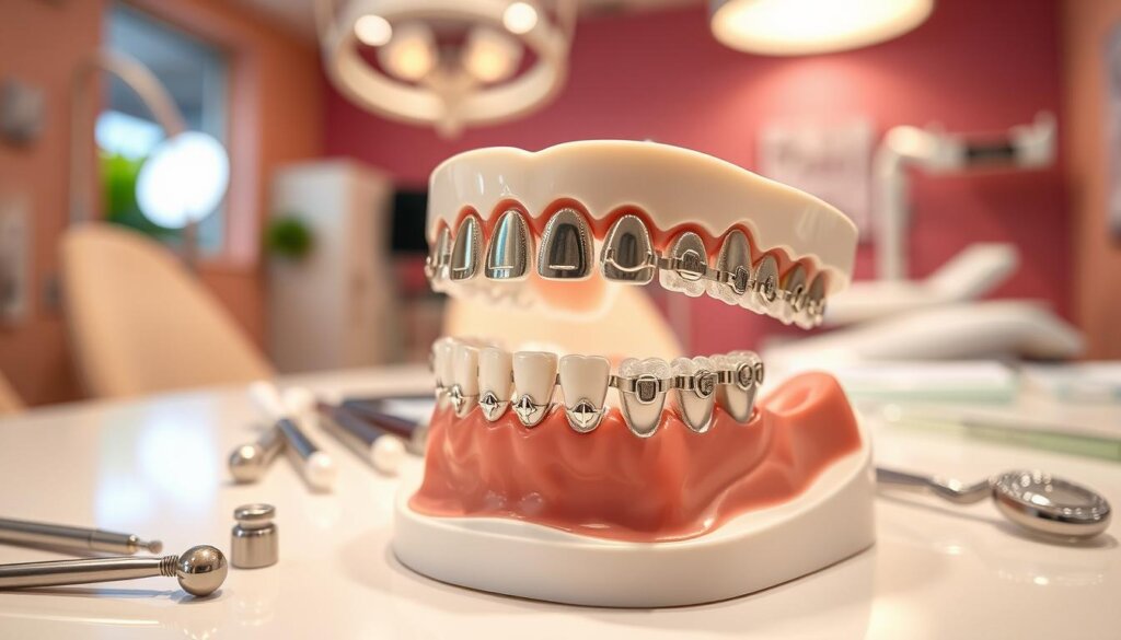 A detailed orthodontic model showcasing various orthodontic attachments prominently in the foreground, each attachment distinct and clearly visible. The attachments, including buttons, brackets, and bands, are made of shiny metal and clear plastic, reflecting light. In the middle ground, the dental model is placed on a clean, bright work surface, with dental tools subtly arranged around it, hinting at a clinical environment. The background is softly blurred, featuring a dental clinic with warm, inviting lighting and pastel-colored walls to create a professional yet approachable atmosphere. The camera angle is slightly elevated, focusing on the attachments to highlight their function and significance in orthodontics, conveying an informative and educational mood. A detailed orthodontic model showcasing various orthodontic attachments prominently in the foreground, each attachment distinct and clearly visible. The attachments, including buttons, brackets, and bands, are made of shiny metal and clear plastic, reflecting light. In the middle ground, the dental model is placed on a clean, bright work surface, with dental tools subtly arranged around it, hinting at a clinical environment. The background is softly blurred, featuring a dental clinic with warm, inviting lighting and pastel-colored walls to create a professional yet approachable atmosphere. The camera angle is slightly elevated, focusing on the attachments to highlight their function and significance in orthodontics, conveying an informative and educational mood.