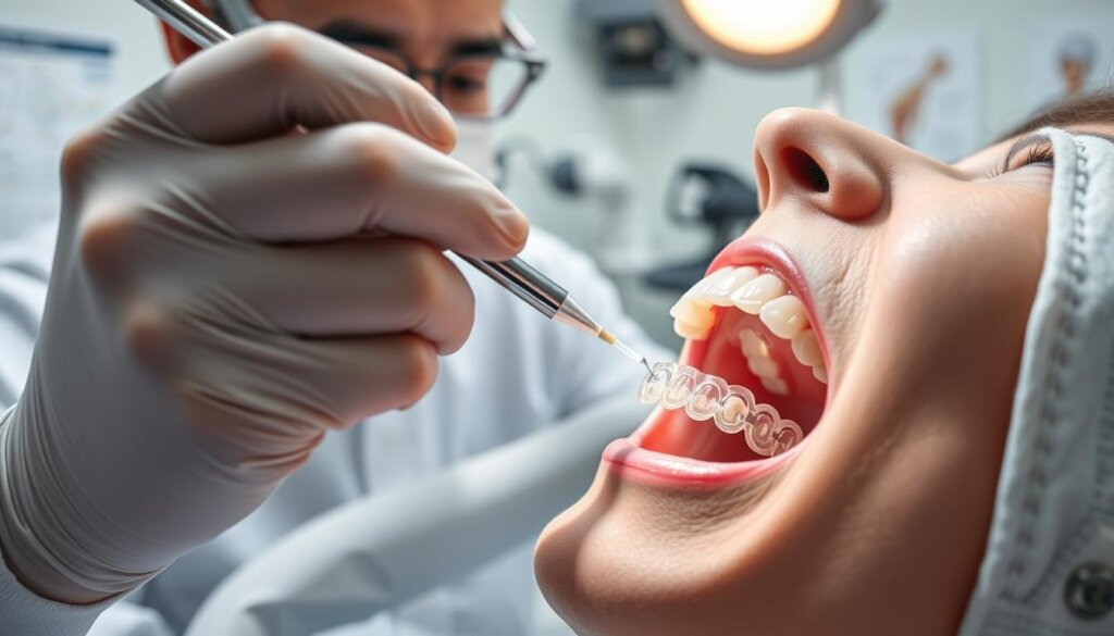 A detailed orthodontic procedure scene taking place in a well-lit dental office, showcasing an orthodontist in professional attire, attentively bonding composite resin attachments to a patient's teeth using precise tools. In the foreground, a close-up of the orthodontist's gloved hands carefully applying the resin with a small applicator, highlighting the texture and color of the composite material. The middle ground features the patient's open mouth, revealing the teeth with clear aligners, and a dental mirror reflecting the intricate work. The background includes dental equipment and soft-focus elements like charts and anatomical models, creating a clean and clinical atmosphere. The lighting should be bright and focused, enhancing the sterile environment, with a slight depth of field to emphasize the procedure. A detailed orthodontic procedure scene taking place in a well-lit dental office, showcasing an orthodontist in professional attire, attentively bonding composite resin attachments to a patient's teeth using precise tools. In the foreground, a close-up of the orthodontist's gloved hands carefully applying the resin with a small applicator, highlighting the texture and color of the composite material. The middle ground features the patient's open mouth, revealing the teeth with clear aligners, and a dental mirror reflecting the intricate work. The background includes dental equipment and soft-focus elements like charts and anatomical models, creating a clean and clinical atmosphere. The lighting should be bright and focused, enhancing the sterile environment, with a slight depth of field to emphasize the procedure.