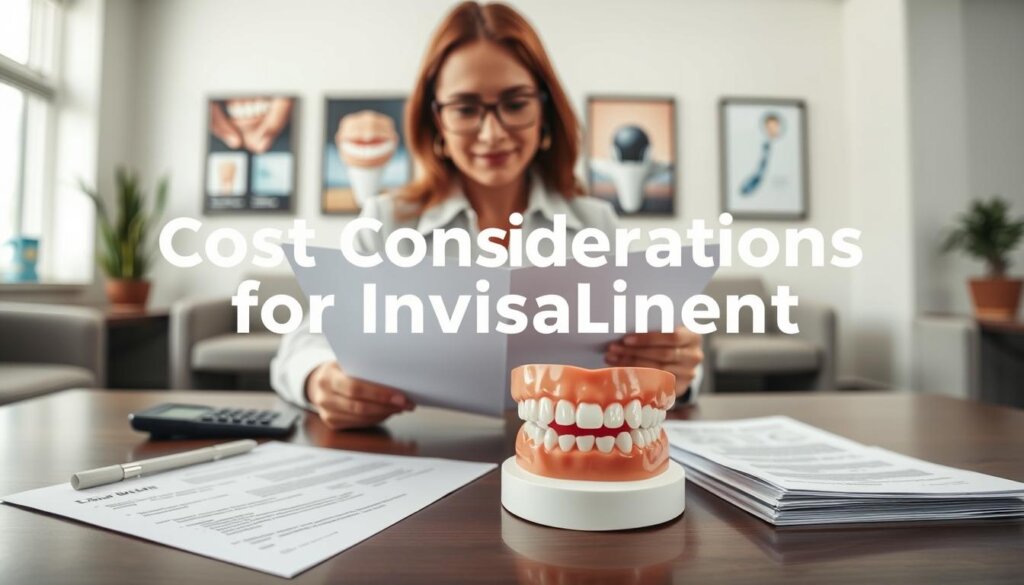 A dynamic and informative scene illustrating "Cost Considerations for Invisalign" in orthodontic treatment investment. In the foreground, a neatly arranged table displaying financial documents, a calculator, and a model of teeth with clear aligners. In the middle ground, a financial advisor in professional business attire examines the documents thoughtfully, highlighting the costs involved in orthodontic treatment. The background features a softly blurred orthodontic office with dental posters and a comfortable waiting area. Soft, natural lighting floods the space, creating an inviting atmosphere. The camera angle is slightly overhead, giving a comprehensive view of the financial setup while keeping the focus on the advisor's engaged expression. The mood is professional, yet approachable, perfect for discussing financial planning in orthodontics. A dynamic and informative scene illustrating "Cost Considerations for Invisalign" in orthodontic treatment investment. In the foreground, a neatly arranged table displaying financial documents, a calculator, and a model of teeth with clear aligners. In the middle ground, a financial advisor in professional business attire examines the documents thoughtfully, highlighting the costs involved in orthodontic treatment. The background features a softly blurred orthodontic office with dental posters and a comfortable waiting area. Soft, natural lighting floods the space, creating an inviting atmosphere. The camera angle is slightly overhead, giving a comprehensive view of the financial setup while keeping the focus on the advisor's engaged expression. The mood is professional, yet approachable, perfect for discussing financial planning in orthodontics.
