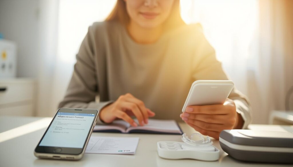 A focused individual reflecting determination sits at a bright, organized desk, carefully reviewing their aligners recovery protocol. In the foreground, a sleek smartphone displays a reminder app about aligner usage, while a printed schedule is laid out beside it. The middle ground shows a neat dental care kit, emphasizing commitment to oral health. The background features soft, natural light streaming through a window, creating an uplifting and hopeful atmosphere, suggesting initial steps toward a responsible regimen. The scene is captured with a warm lens flare, highlighting the individual's dedication and positive mindset. The person's attire is modest casual, conveying a sense of professionalism and self-care. A focused individual reflecting determination sits at a bright, organized desk, carefully reviewing their aligners recovery protocol. In the foreground, a sleek smartphone displays a reminder app about aligner usage, while a printed schedule is laid out beside it. The middle ground shows a neat dental care kit, emphasizing commitment to oral health. The background features soft, natural light streaming through a window, creating an uplifting and hopeful atmosphere, suggesting initial steps toward a responsible regimen. The scene is captured with a warm lens flare, highlighting the individual's dedication and positive mindset. The person's attire is modest casual, conveying a sense of professionalism and self-care.