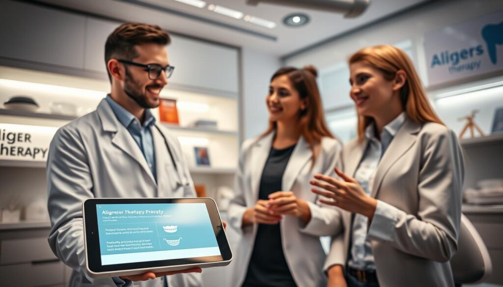 A futuristic dental clinic interior showcasing innovative aligner therapy disruption prevention technology. In the foreground, a sleek, modern smart device resembling a tablet displays reminders and notifications for users to ensure consistent usage of their aligners. The middle ground features a confident dental professional in a white lab coat, attentively demonstrating the device to a young adult patient dressed in smart casual attire. The background includes well-lit shelves filled with dental tools and promotional materials about aligner therapy. Soft, ambient lighting creates a calm atmosphere, emphasizing the importance of dental health and patient engagement. The camera angle is slightly tilted, focusing on the device while capturing the interaction between the professional and the patient, conveying a sense of urgency and care. A futuristic dental clinic interior showcasing innovative aligner therapy disruption prevention technology. In the foreground, a sleek, modern smart device resembling a tablet displays reminders and notifications for users to ensure consistent usage of their aligners. The middle ground features a confident dental professional in a white lab coat, attentively demonstrating the device to a young adult patient dressed in smart casual attire. The background includes well-lit shelves filled with dental tools and promotional materials about aligner therapy. Soft, ambient lighting creates a calm atmosphere, emphasizing the importance of dental health and patient engagement. The camera angle is slightly tilted, focusing on the device while capturing the interaction between the professional and the patient, conveying a sense of urgency and care.