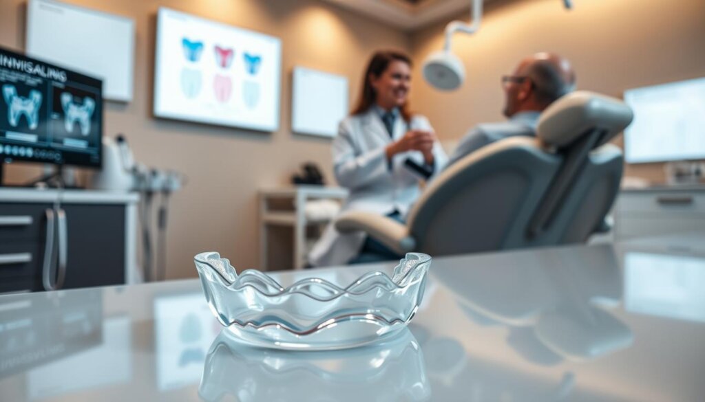 A modern dental clinic interior showcasing clear aligner orthodontic technology. In the foreground, a clear aligner is displayed on a sleek, polished dental countertop, glistening under bright, professional lighting. The middle background features a dentist in a white coat, gently explaining the aligner's features to a patient seated comfortably in a dental chair, both looking engaged and relaxed. The background includes dental tools and a digital screen showing diagrams of the Invisalign treatment process. The scene is well-lit with a warm yet clinical atmosphere, emphasizing professionalism and care in orthodontic treatment. The angle is slightly tilted to capture both the aligner and the interaction between the dentist and patient, inviting a sense of understanding and clarity about Invisalign treatment. A modern dental clinic interior showcasing clear aligner orthodontic technology. In the foreground, a clear aligner is displayed on a sleek, polished dental countertop, glistening under bright, professional lighting. The middle background features a dentist in a white coat, gently explaining the aligner's features to a patient seated comfortably in a dental chair, both looking engaged and relaxed. The background includes dental tools and a digital screen showing diagrams of the Invisalign treatment process. The scene is well-lit with a warm yet clinical atmosphere, emphasizing professionalism and care in orthodontic treatment. The angle is slightly tilted to capture both the aligner and the interaction between the dentist and patient, inviting a sense of understanding and clarity about Invisalign treatment.