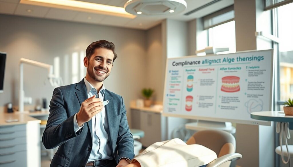 A modern dental clinic setting emphasizing compliance enhancement strategies for aligner treatment. In the foreground, a professional, smiling orthodontist in smart business attire demonstrates the aligner to a well-dressed adult patient seated on a dental chair, both appearing attentive and engaged. In the middle ground, a whiteboard displays colorful diagrams illustrating adherence strategies, such as reminders and tracking progress. The background features sleek dental equipment and ambient lighting that creates a warm, welcoming atmosphere. Soft daylight filters through large windows, highlighting the professionalism of the space. The overall mood is optimistic and educational, focused on collaboration and encouraging commitment to aligner wear. A modern dental clinic setting emphasizing compliance enhancement strategies for aligner treatment. In the foreground, a professional, smiling orthodontist in smart business attire demonstrates the aligner to a well-dressed adult patient seated on a dental chair, both appearing attentive and engaged. In the middle ground, a whiteboard displays colorful diagrams illustrating adherence strategies, such as reminders and tracking progress. The background features sleek dental equipment and ambient lighting that creates a warm, welcoming atmosphere. Soft daylight filters through large windows, highlighting the professionalism of the space. The overall mood is optimistic and educational, focused on collaboration and encouraging commitment to aligner wear.
