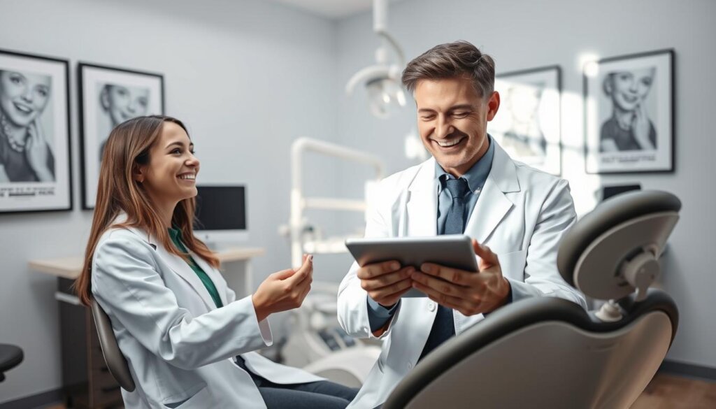 A modern dental consultation scene focusing on a qualified orthodontist explaining eligibility for clear aligners after braces. In the foreground, a friendly orthodontist in a white coat is using a digital tablet to show a patient smiling attentively, with braces visible on their teeth. The orthodontic office is well-lit, featuring sleek dental equipment and framed dental posters on the walls. In the middle ground, a dental chair and tools are arranged neatly, enhancing the clinical atmosphere. Soft, natural lighting illuminates the scene, casting gentle shadows. The background showcases a calming color palette with light blues and whites, creating a professional yet inviting mood. Emphasize clarity and professionalism, ensuring individuals are portrayed in appropriate business attire. A modern dental consultation scene focusing on a qualified orthodontist explaining eligibility for clear aligners after braces. In the foreground, a friendly orthodontist in a white coat is using a digital tablet to show a patient smiling attentively, with braces visible on their teeth. The orthodontic office is well-lit, featuring sleek dental equipment and framed dental posters on the walls. In the middle ground, a dental chair and tools are arranged neatly, enhancing the clinical atmosphere. Soft, natural lighting illuminates the scene, casting gentle shadows. The background showcases a calming color palette with light blues and whites, creating a professional yet inviting mood. Emphasize clarity and professionalism, ensuring individuals are portrayed in appropriate business attire.