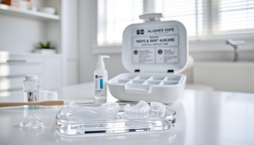 A modern dental office scene showcasing proper dental aligner maintenance and storage. In the foreground, a sleek, transparent orthodontic tray holds pristine retainers, surrounded by essential maintenance items like a soft toothbrush, cleaning crystals, and a small bottle of aligner-safe cleaner. In the middle ground, a well-organized storage container sits open, revealing compartments for aligners, as well as a labeled section for care instructions. The background features a bright, sterile dental office with soft, natural lighting streaming through a window, casting gentle shadows. The atmosphere is calm and professional, highlighting the importance of proper aligner care. The composition is shot from a slightly elevated angle, providing a comprehensive view without any human subjects or distracting elements. A modern dental office scene showcasing proper dental aligner maintenance and storage. In the foreground, a sleek, transparent orthodontic tray holds pristine retainers, surrounded by essential maintenance items like a soft toothbrush, cleaning crystals, and a small bottle of aligner-safe cleaner. In the middle ground, a well-organized storage container sits open, revealing compartments for aligners, as well as a labeled section for care instructions. The background features a bright, sterile dental office with soft, natural lighting streaming through a window, casting gentle shadows. The atmosphere is calm and professional, highlighting the importance of proper aligner care. The composition is shot from a slightly elevated angle, providing a comprehensive view without any human subjects or distracting elements.