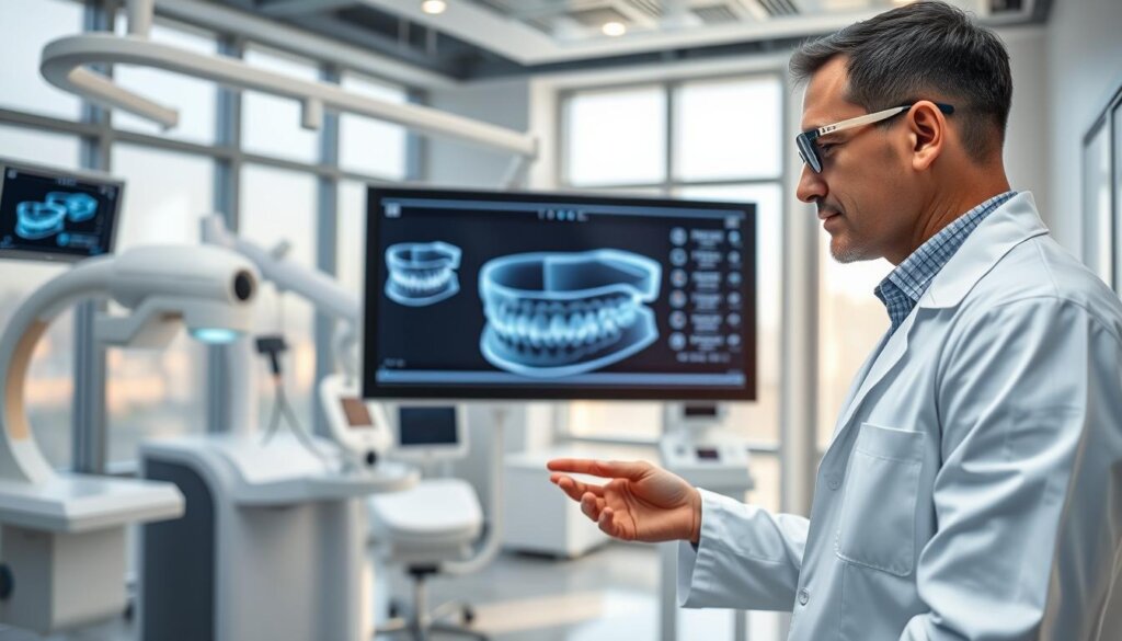 A modern digital orthodontics treatment planning technology scene depicting a sleek, high-tech dental office. In the foreground, a professional orthodontist, dressed in a white coat and safety glasses, is intently analyzing a 3D digital model of a patient's teeth on a large touchscreen monitor. The middle ground features advanced equipment, like a 3D scanner and digital imaging devices, while in the background, soft natural light streams through large windows, highlighting the clean, minimalist design of the office. The atmosphere conveys innovation and precision, with a focus on the orthodontist's concentration and the advanced technology that embodies the future of Invisalign treatment planning. The image should evoke a sense of optimism and professionalism, emphasizing the advanced capabilities of digital orthodontics. A modern digital orthodontics treatment planning technology scene depicting a sleek, high-tech dental office. In the foreground, a professional orthodontist, dressed in a white coat and safety glasses, is intently analyzing a 3D digital model of a patient's teeth on a large touchscreen monitor. The middle ground features advanced equipment, like a 3D scanner and digital imaging devices, while in the background, soft natural light streams through large windows, highlighting the clean, minimalist design of the office. The atmosphere conveys innovation and precision, with a focus on the orthodontist's concentration and the advanced technology that embodies the future of Invisalign treatment planning. The image should evoke a sense of optimism and professionalism, emphasizing the advanced capabilities of digital orthodontics.
