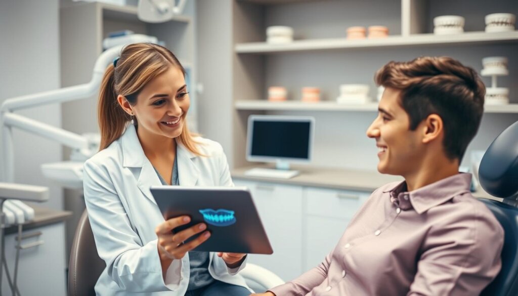 A modern orthodontic office setting during an Invisalign consultation, featuring a professional female orthodontist in a white coat, engaged with a young adult patient sitting in a dental chair. The orthodontist is showing a digital rendering of teeth alignment on a sleek tablet, while the patient looks attentive and curious. In the background, dental equipment and models of teeth are neatly arranged on shelves, with bright, soft lighting illuminating the scene to create a welcoming atmosphere. The focus should be on the interaction, capturing the importance of a thorough dental evaluation, with a depth of field that slightly blurs the background while keeping the subjects in sharp focus, evoking a sense of professionalism and care in dental health. A modern orthodontic office setting during an Invisalign consultation, featuring a professional female orthodontist in a white coat, engaged with a young adult patient sitting in a dental chair. The orthodontist is showing a digital rendering of teeth alignment on a sleek tablet, while the patient looks attentive and curious. In the background, dental equipment and models of teeth are neatly arranged on shelves, with bright, soft lighting illuminating the scene to create a welcoming atmosphere. The focus should be on the interaction, capturing the importance of a thorough dental evaluation, with a depth of field that slightly blurs the background while keeping the subjects in sharp focus, evoking a sense of professionalism and care in dental health.
