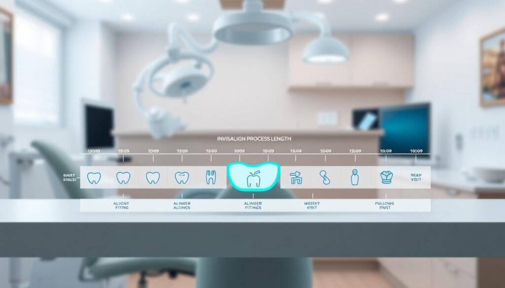 A professional and informative illustration of an "Invisalign treatment process length comparison chart". In the foreground, depict a sleek, modern chart showcasing different stages of treatment, with clear visual markers for time duration, such as months and weeks. In the middle, include icons or illustrations representing various steps like consultations, aligner fittings, and follow-up visits, using a cohesive color palette of blues and greens to evoke a sense of calm and trust. The background should be a softly blurred dental office scene with gentle lighting that enhances the focus on the chart. The overall atmosphere should be professional and educational, suitable for an informative article on Invisalign treatment duration. Ensure no text, watermarks, or additional clutter is present. A professional and informative illustration of an "Invisalign treatment process length comparison chart". In the foreground, depict a sleek, modern chart showcasing different stages of treatment, with clear visual markers for time duration, such as months and weeks. In the middle, include icons or illustrations representing various steps like consultations, aligner fittings, and follow-up visits, using a cohesive color palette of blues and greens to evoke a sense of calm and trust. The background should be a softly blurred dental office scene with gentle lighting that enhances the focus on the chart. The overall atmosphere should be professional and educational, suitable for an informative article on Invisalign treatment duration. Ensure no text, watermarks, or additional clutter is present.